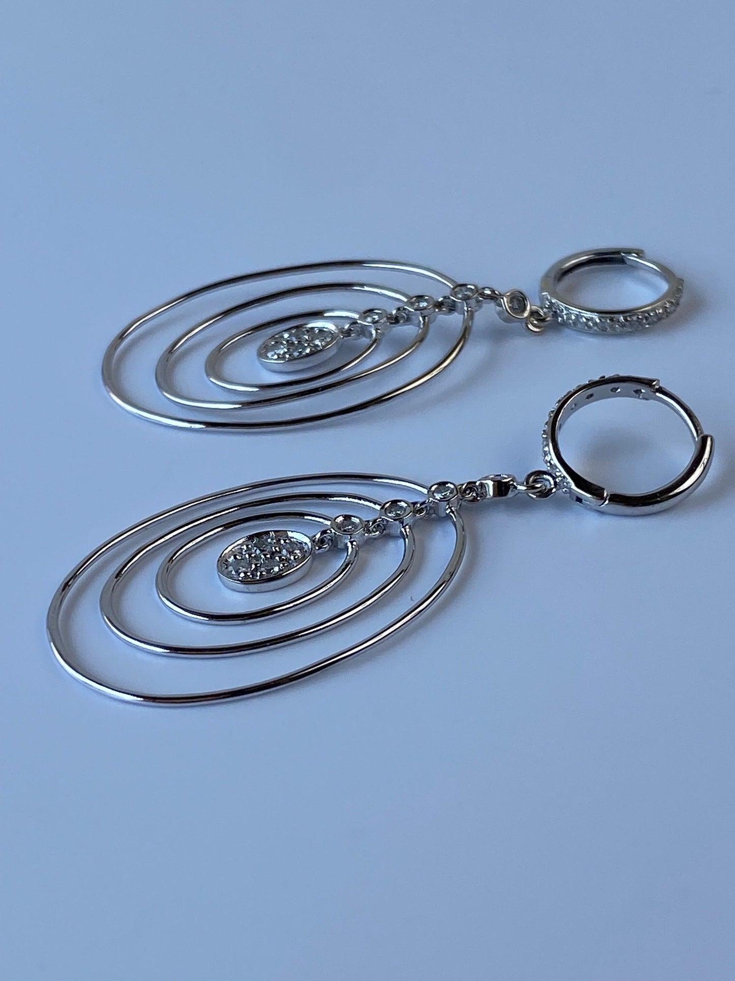 Solid 14k White Gold Diamond Geometric Dangle Hoop Earrings