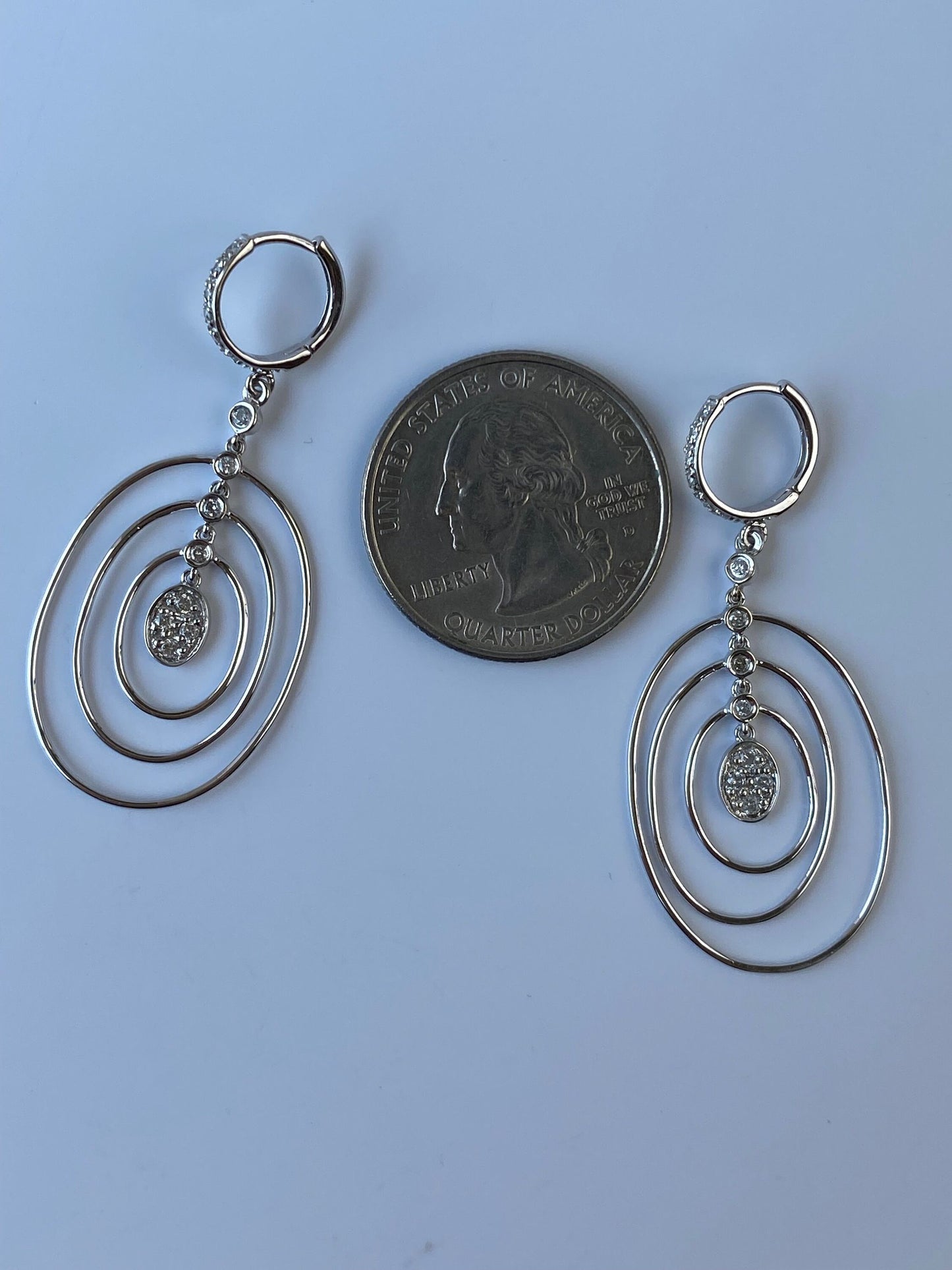 Solid 14k White Gold Diamond Geometric Dangle Hoop Earrings