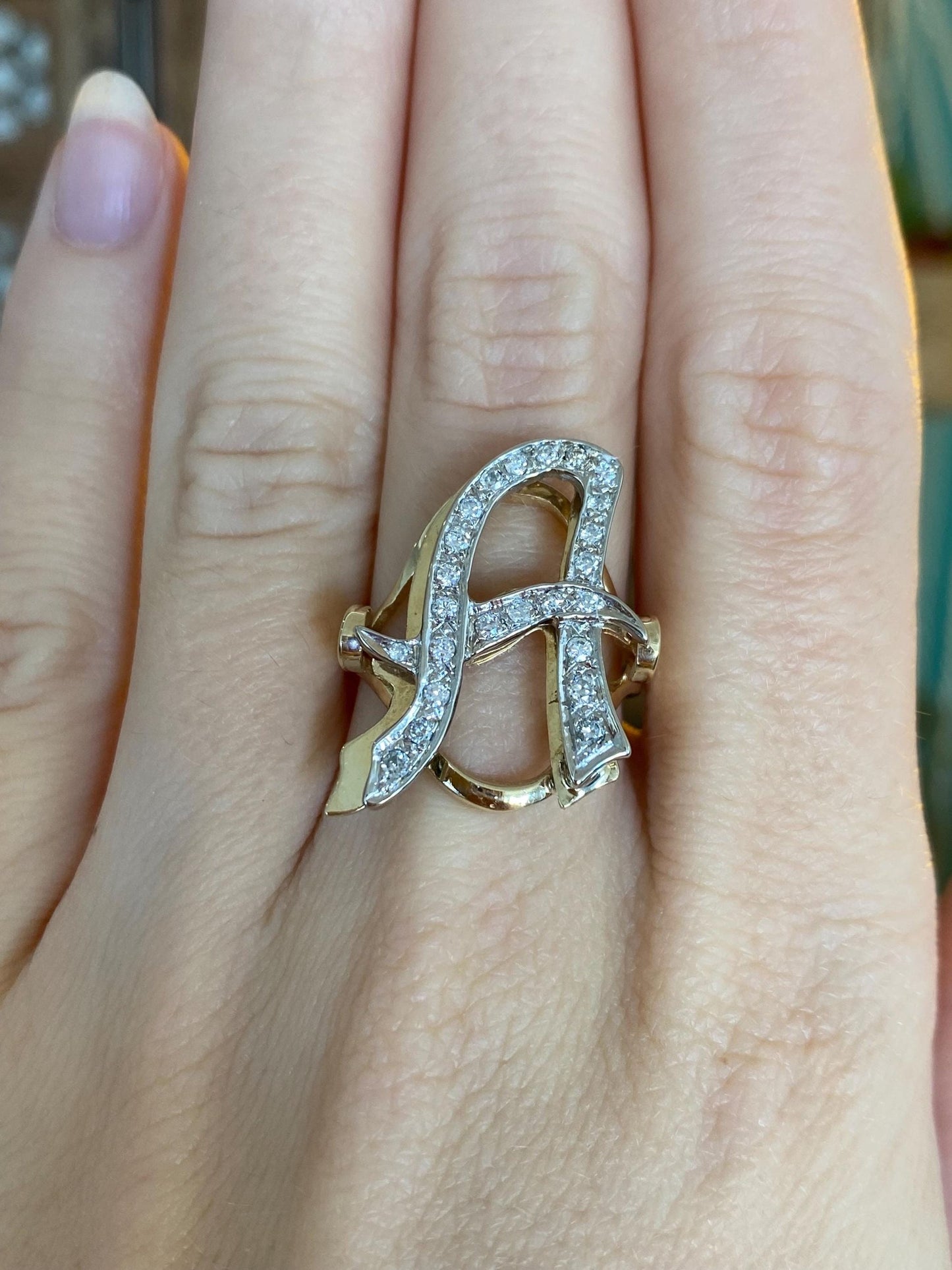 Vintage Solid 14k White & Yellow Gold Diamond Initial 'A' Ring - Size 7.75