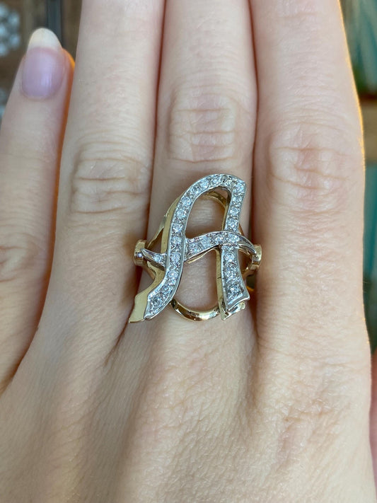 Vintage Solid 14k White & Yellow Gold Diamond Initial 'A' Ring - Size 7.75