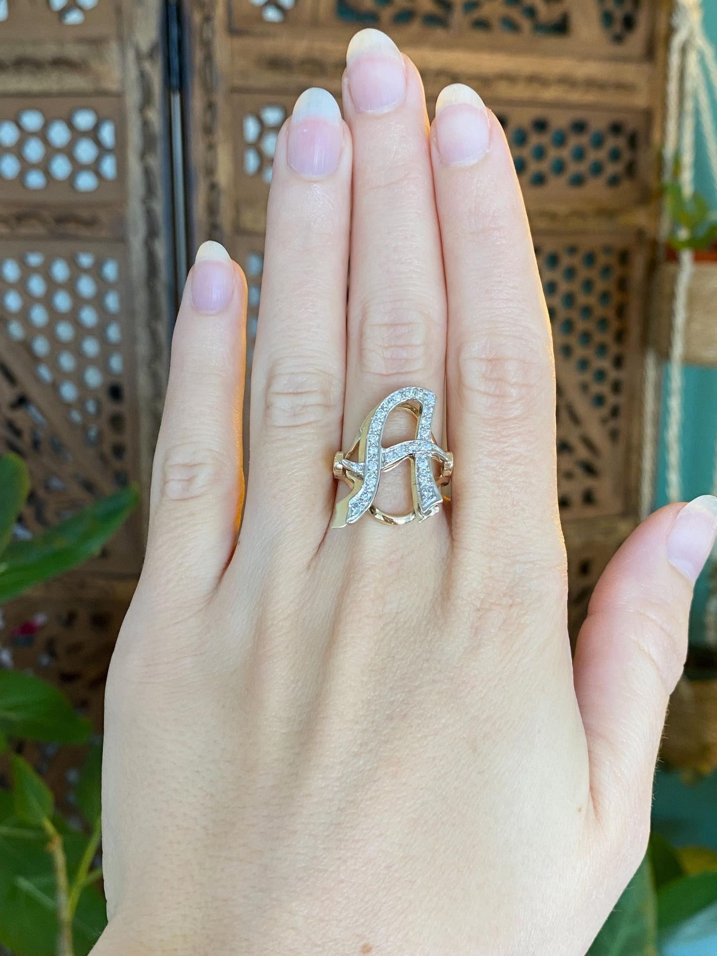 Vintage Solid 14k White & Yellow Gold Diamond Initial 'A' Ring - Size 7.75