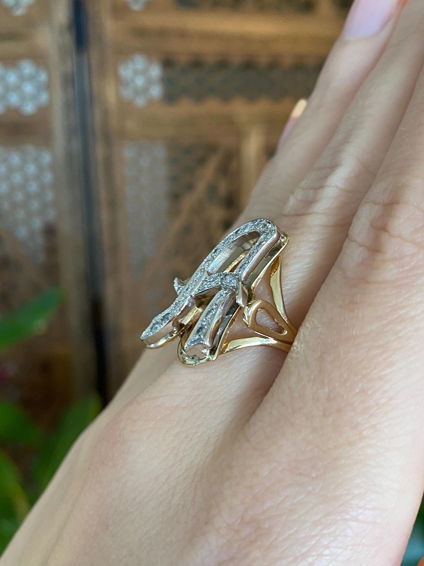 Vintage Solid 14k White & Yellow Gold Diamond Initial 'A' Ring - Size 7.75