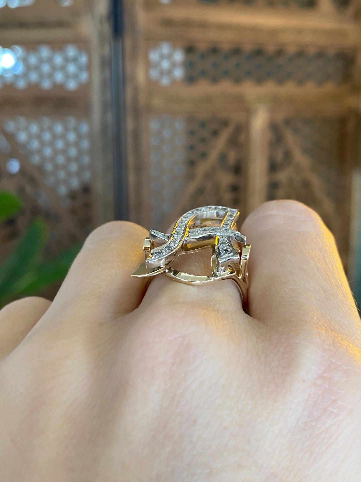 Vintage Solid 14k White & Yellow Gold Diamond Initial 'A' Ring - Size 7.75