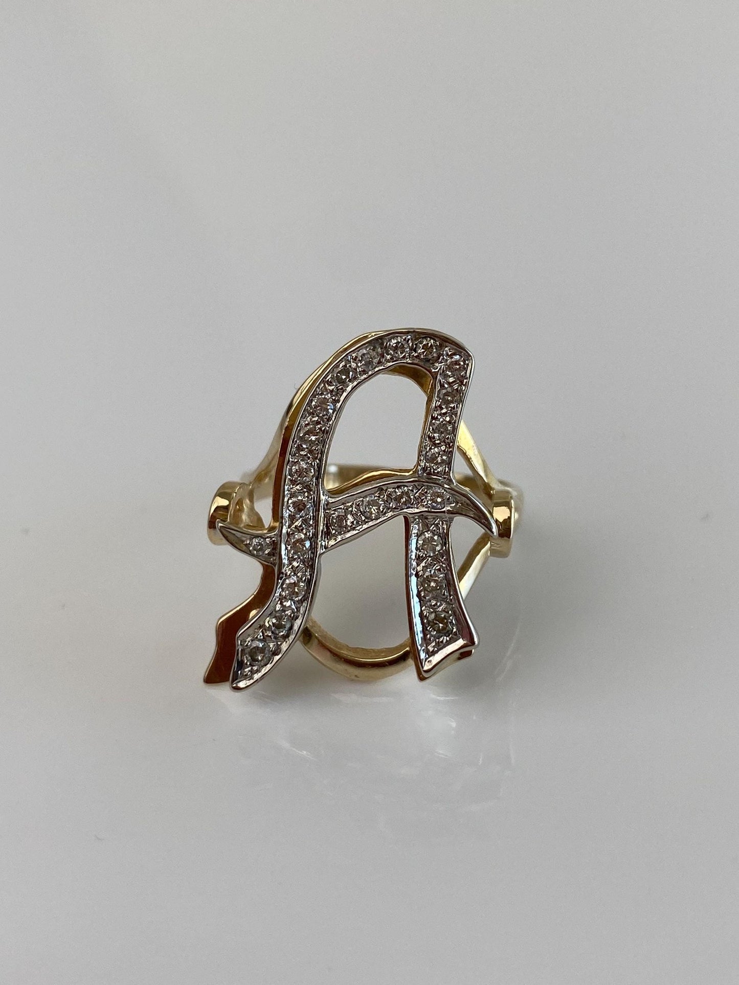 Vintage Solid 14k White & Yellow Gold Diamond Initial 'A' Ring - Size 7.75