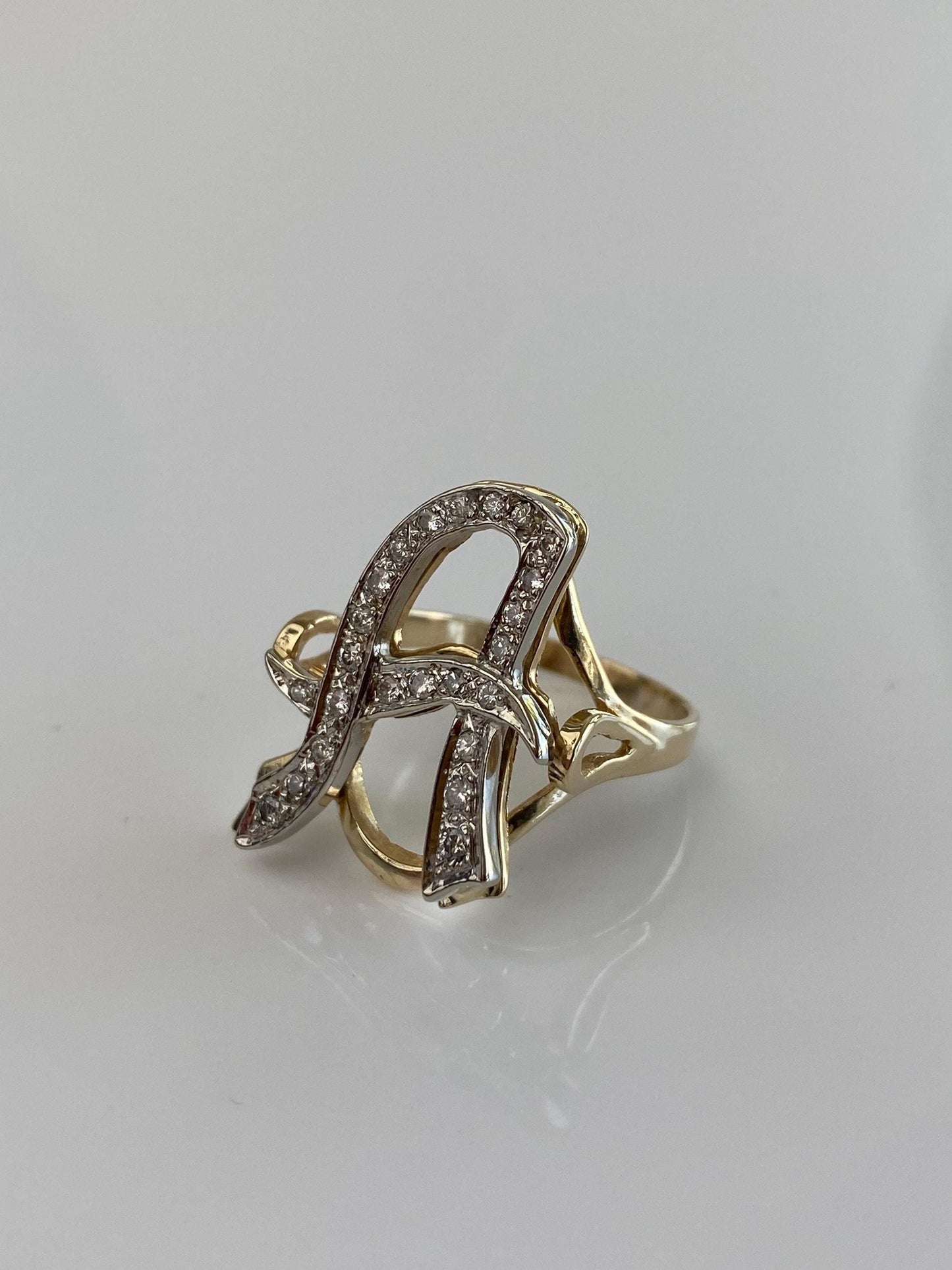 Vintage Solid 14k White & Yellow Gold Diamond Initial 'A' Ring - Size 7.75
