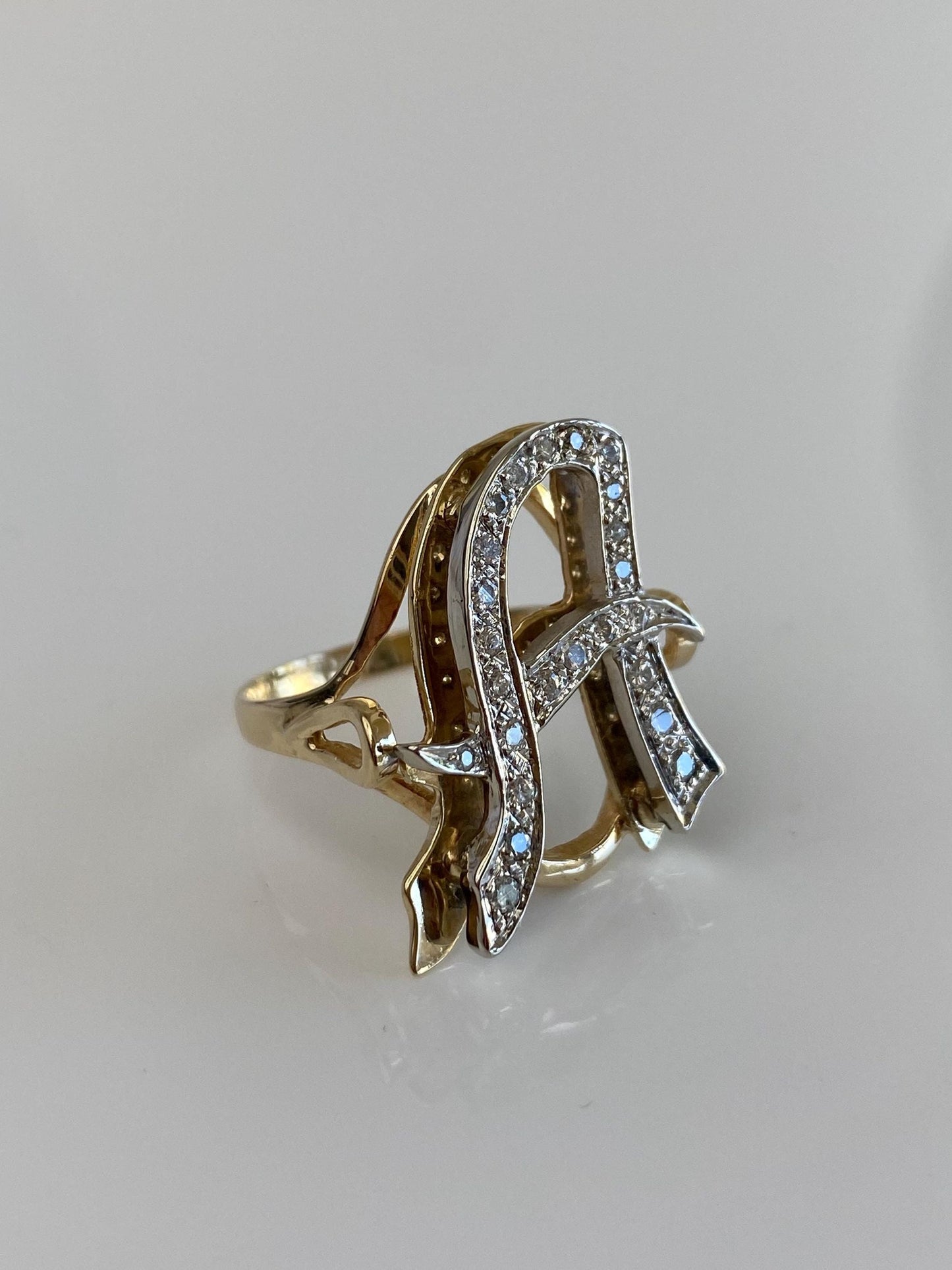 Vintage Solid 14k White & Yellow Gold Diamond Initial 'A' Ring - Size 7.75