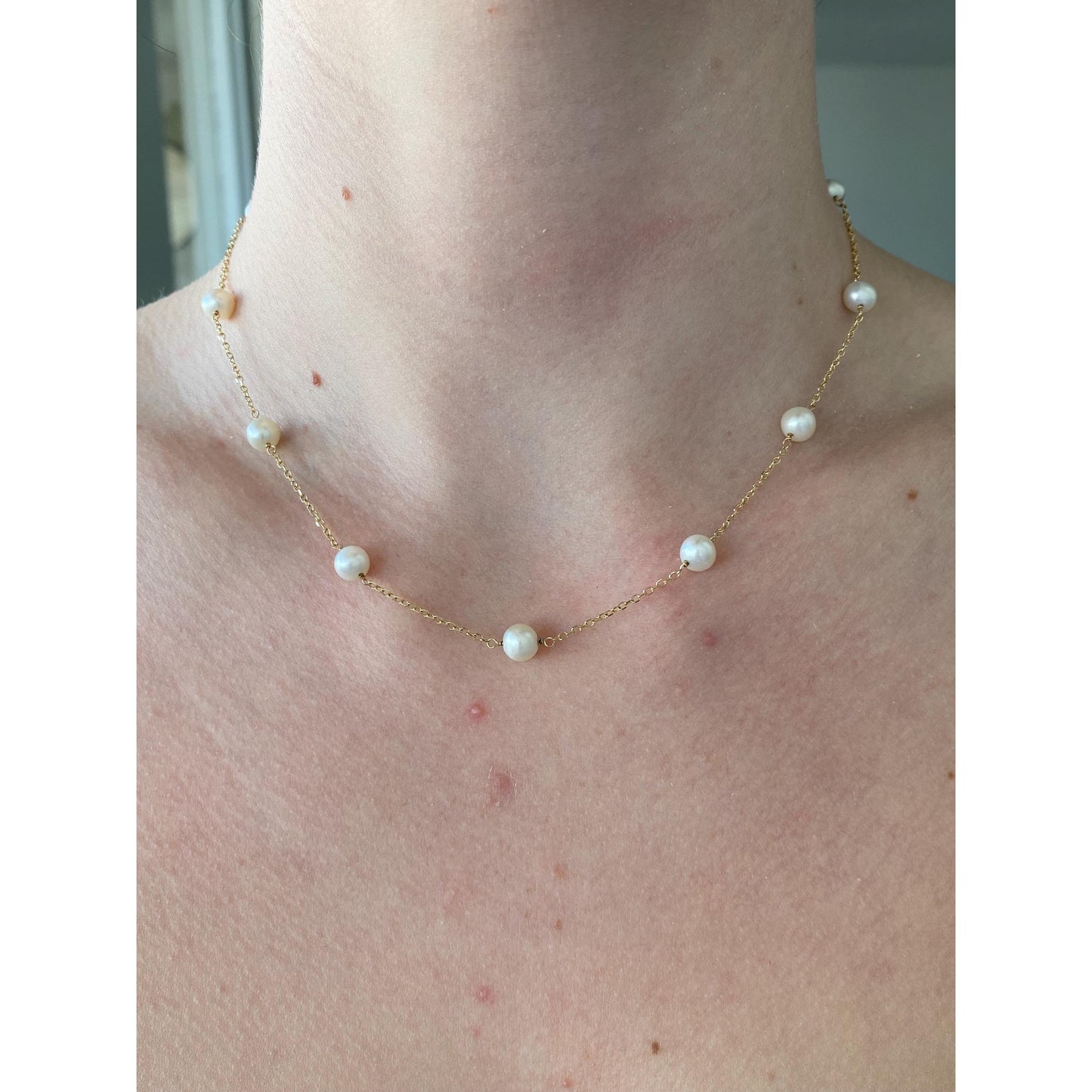 Vintage Solid 14k Yellow Gold Pearl Cable Chain Necklace - 15.75 inches