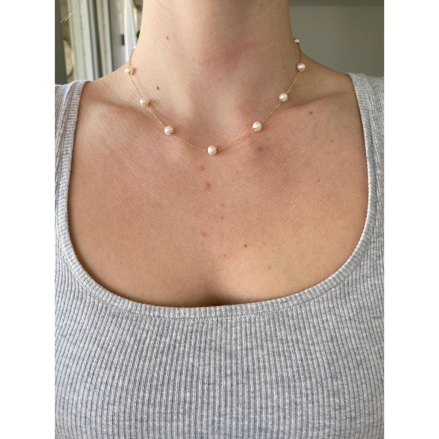 Vintage Solid 14k Yellow Gold Pearl Cable Chain Necklace - 15.75 inches