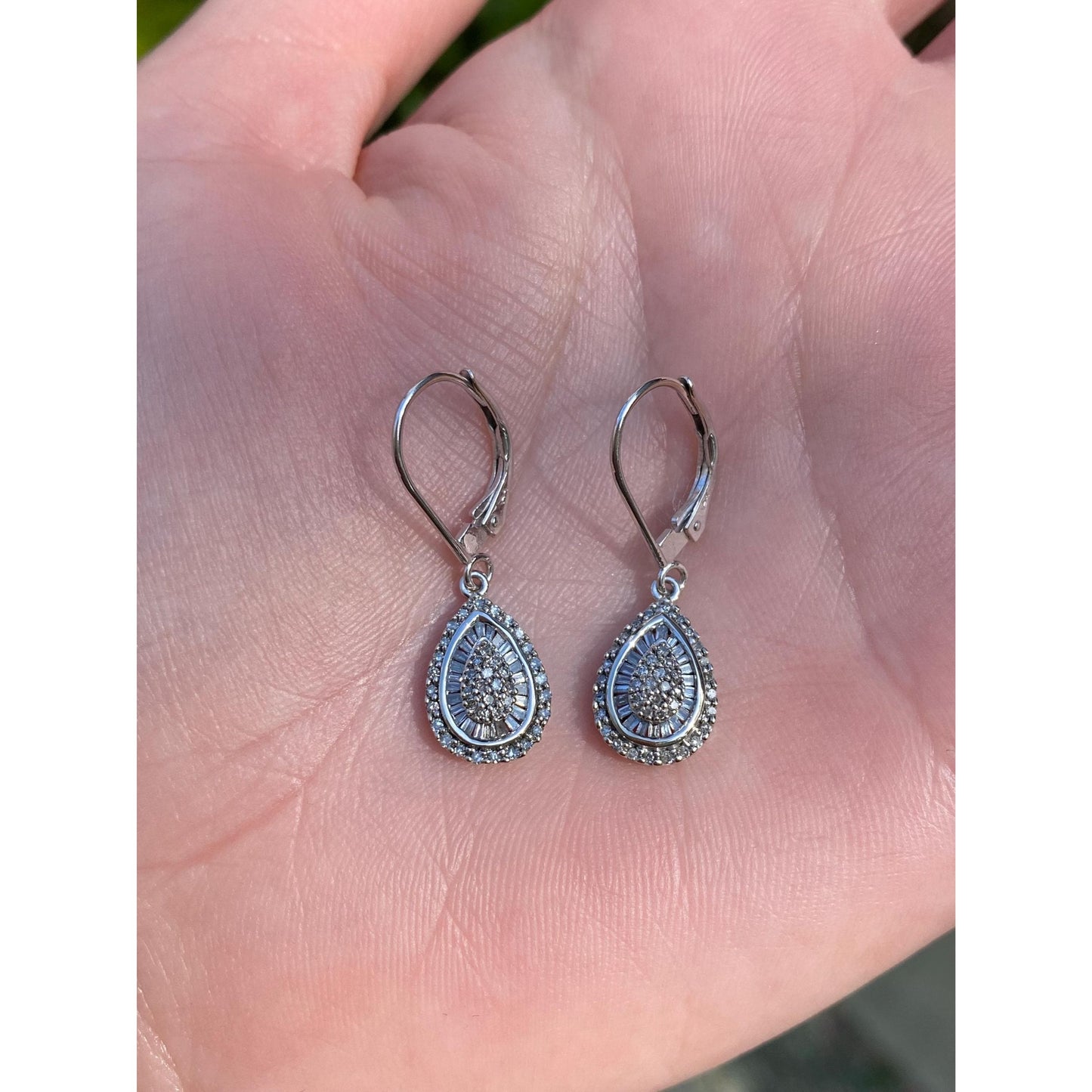 Solid 14k White Gold Diamond Art Deco Dangle Earrings