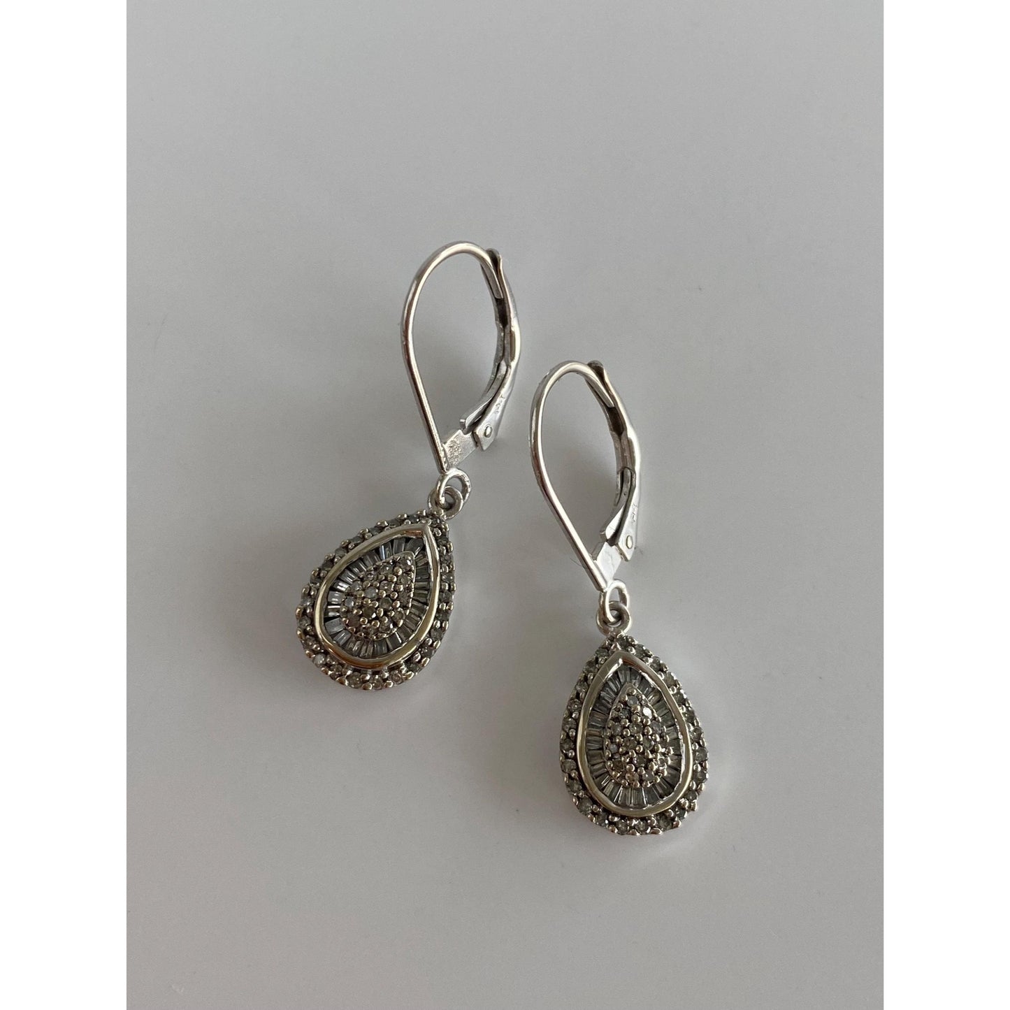 Solid 14k White Gold Diamond Art Deco Dangle Earrings