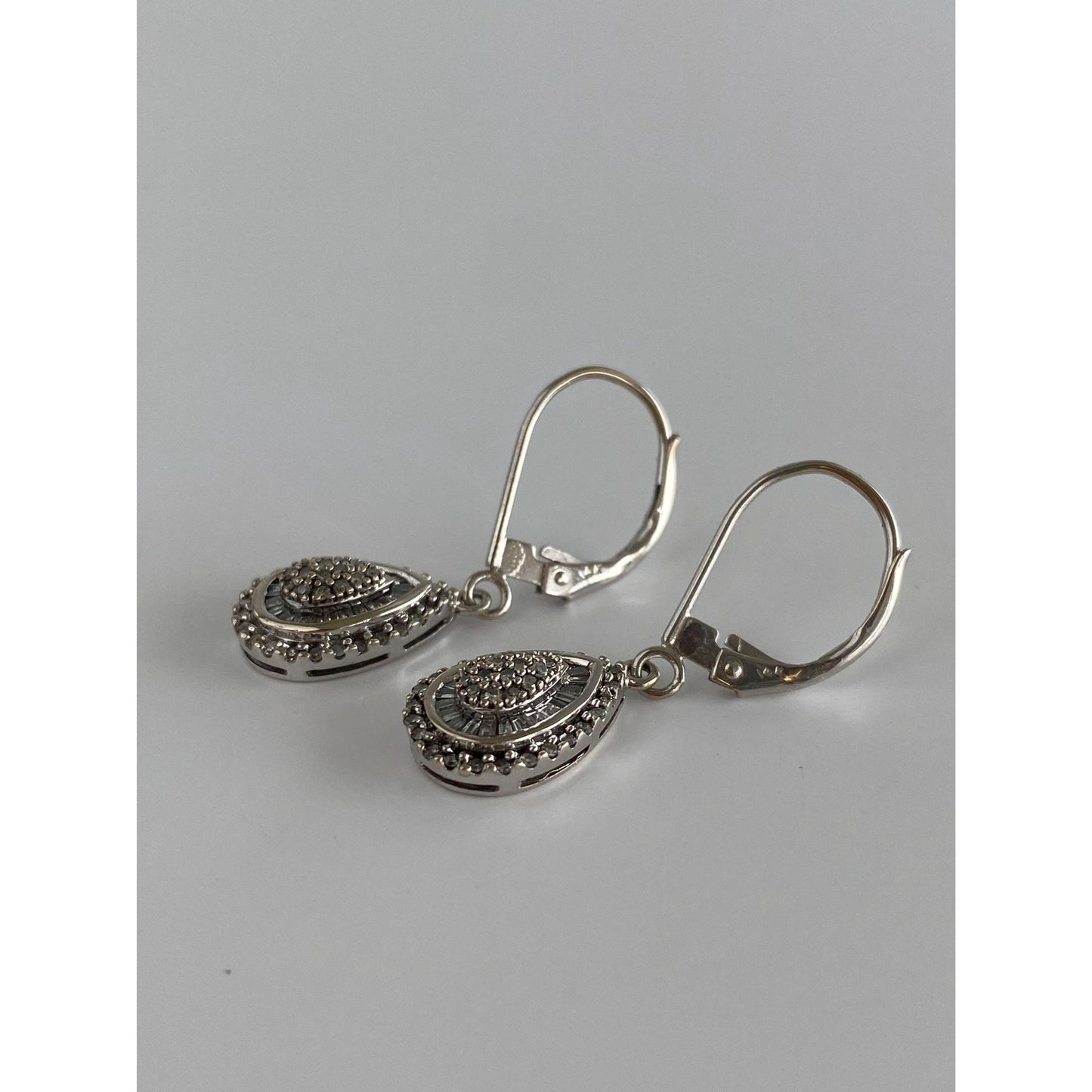 Solid 14k White Gold Diamond Art Deco Dangle Earrings