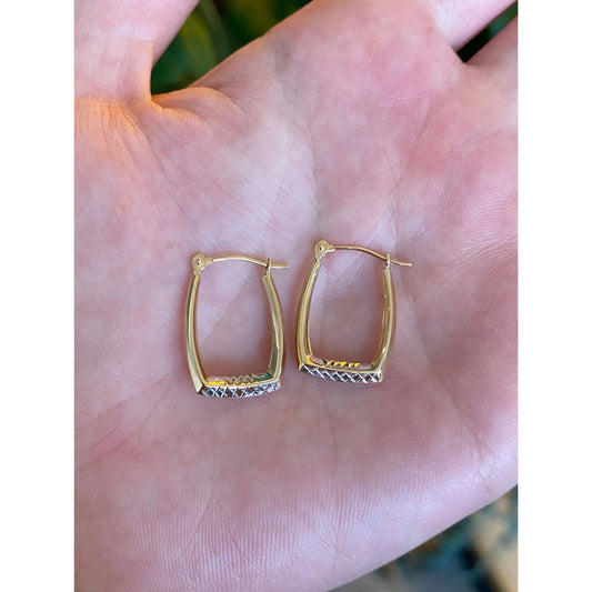 Vintage 14k White & Yellow Gold Diamond Cut Rectangle Hoop Earrings