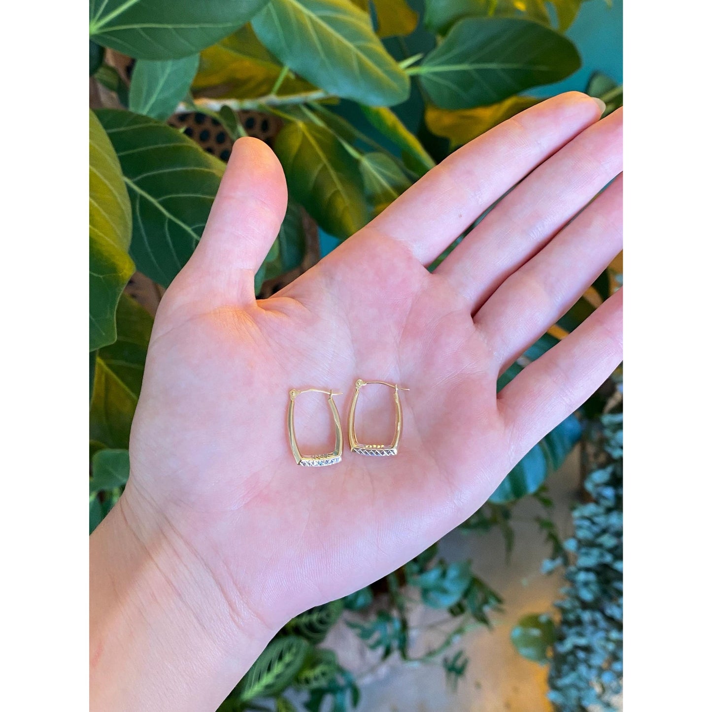 Vintage 14k White & Yellow Gold Diamond Cut Rectangle Hoop Earrings