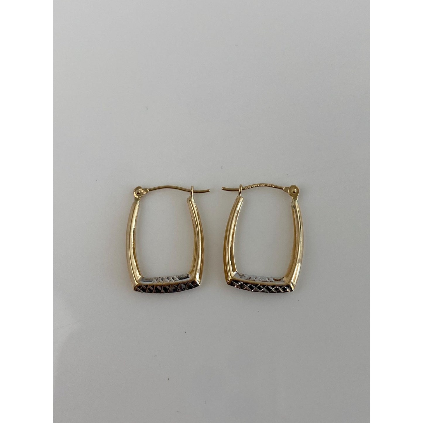 Vintage 14k White & Yellow Gold Diamond Cut Rectangle Hoop Earrings