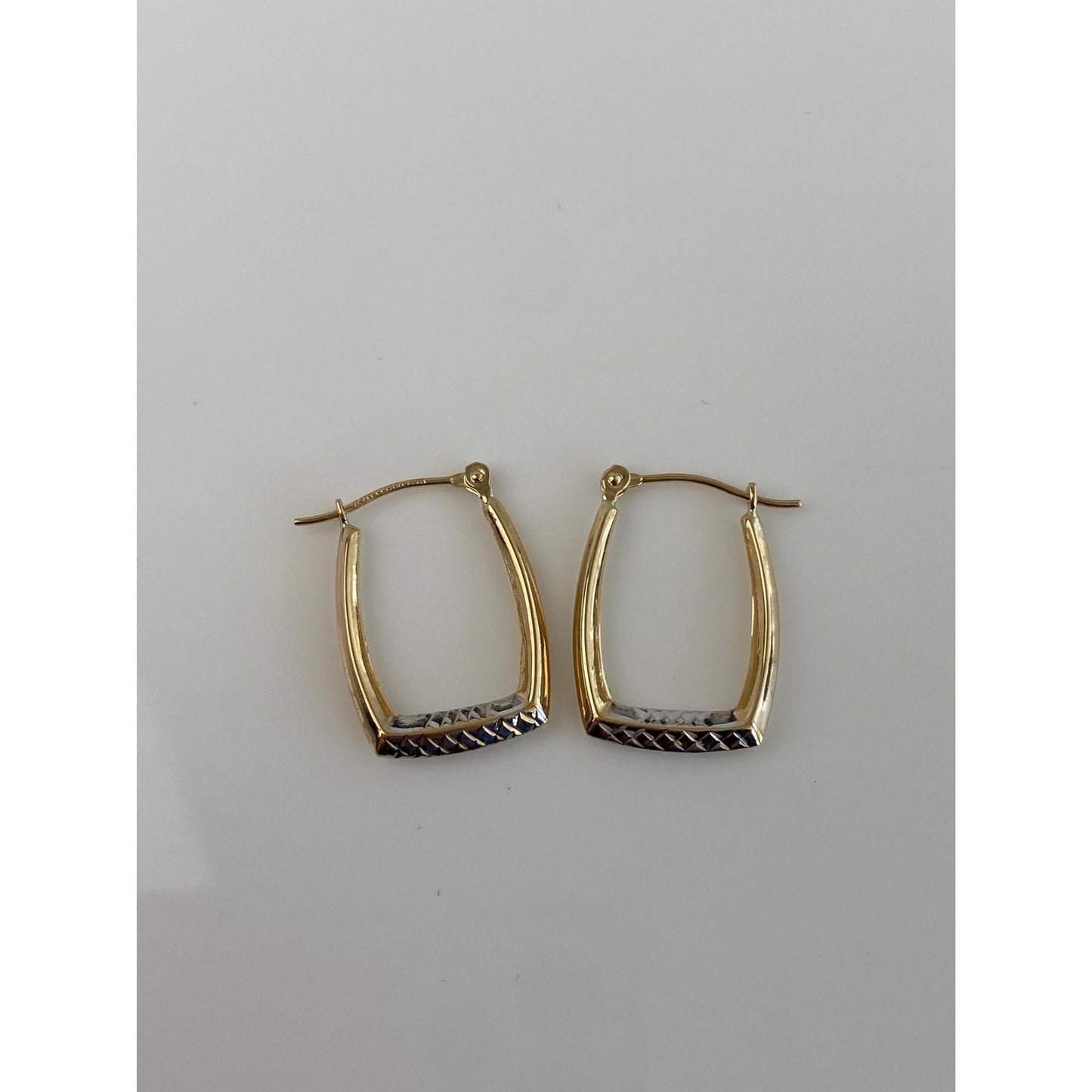 Vintage 14k White & Yellow Gold Diamond Cut Rectangle Hoop Earrings