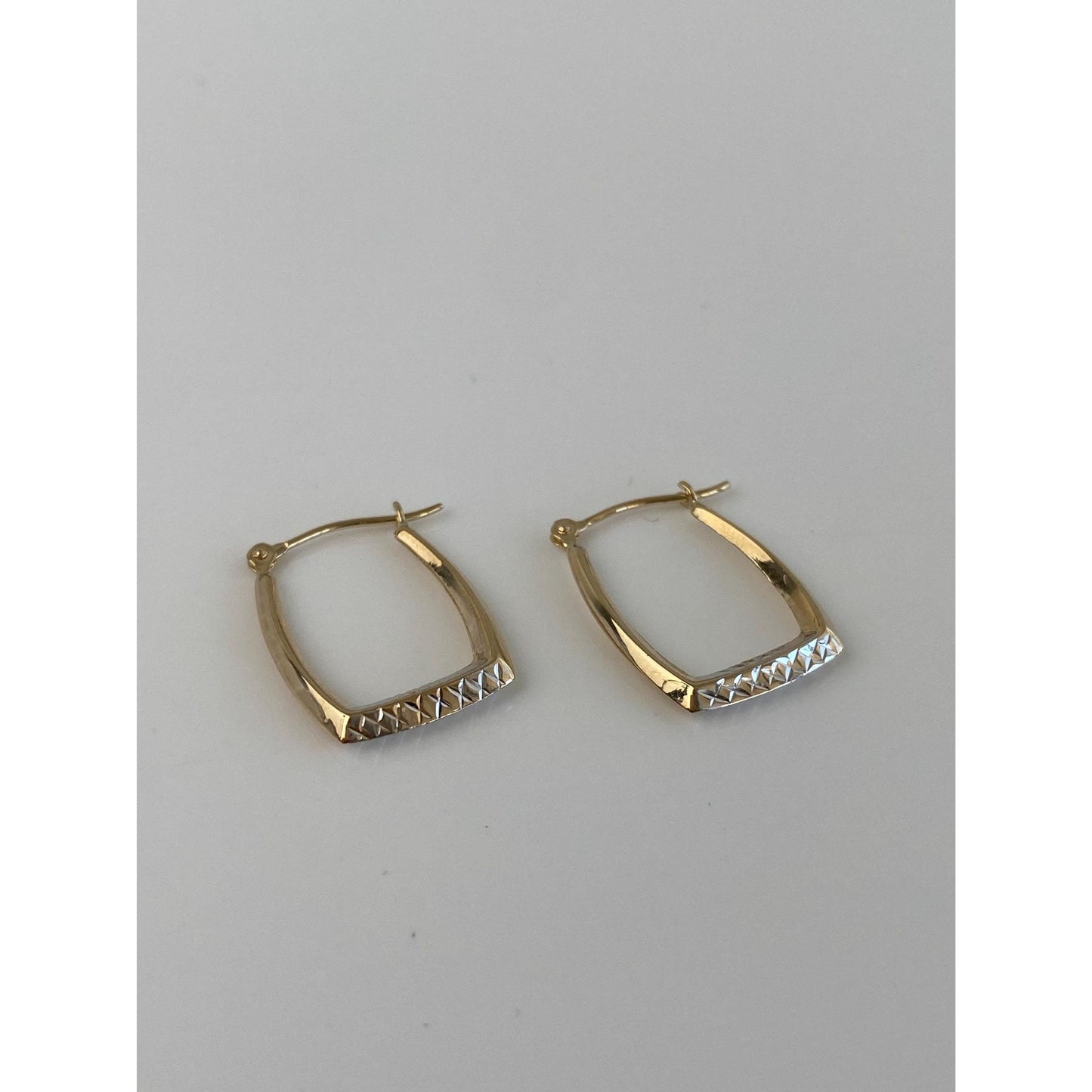 Vintage 14k White & Yellow Gold Diamond Cut Rectangle Hoop Earrings