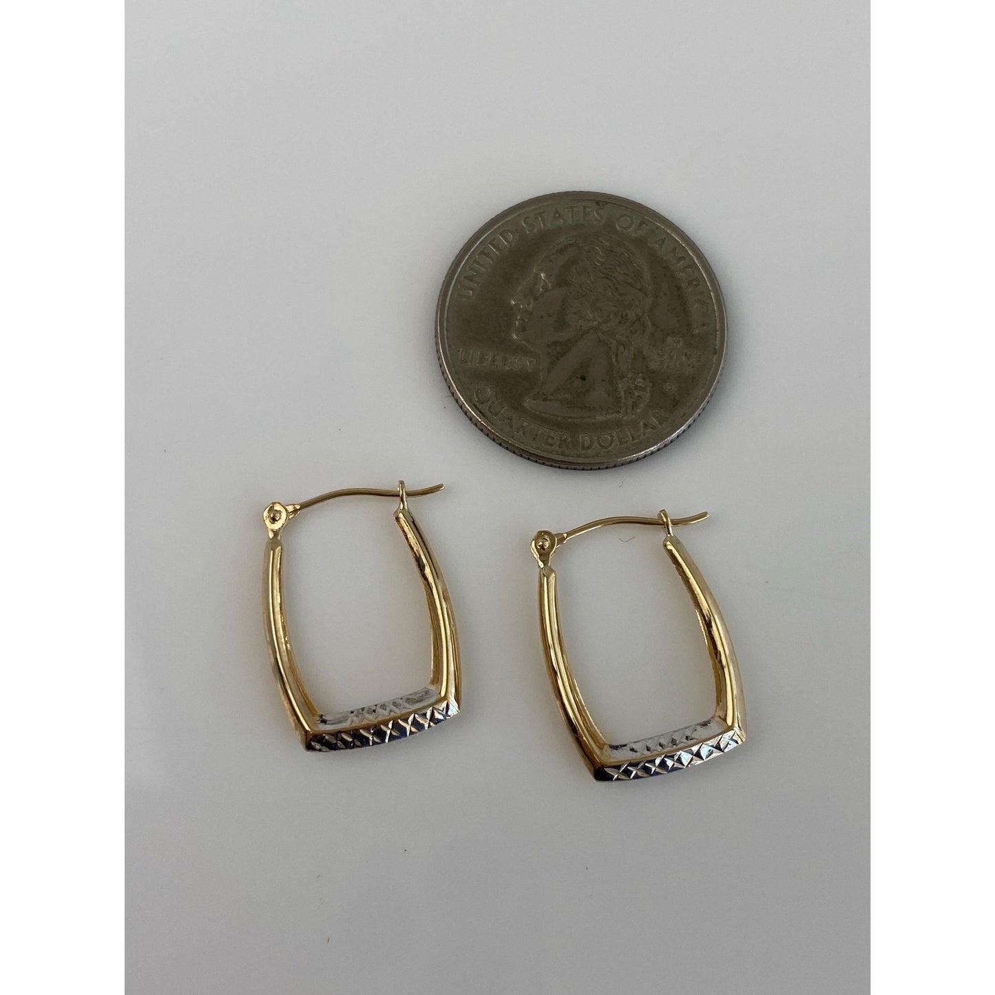 Vintage 14k White & Yellow Gold Diamond Cut Rectangle Hoop Earrings