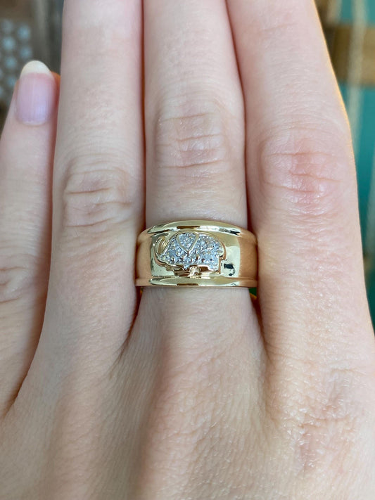 Vintage Solid 10k White & Yellow Gold Diamond Elephant Ring Band - Size 6.5