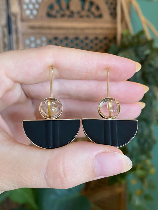 Vintage Solid 14k Yellow Gold Rutile Quartz Matte Textured Onyx Drop Earrings