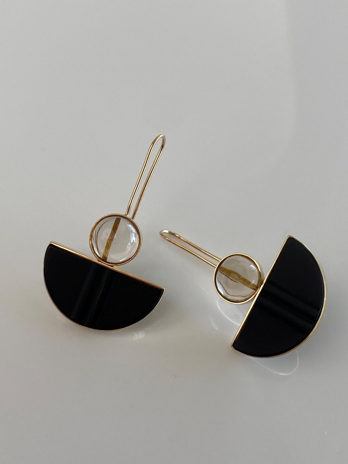 Vintage Solid 14k Yellow Gold Rutile Quartz Matte Textured Onyx Drop Earrings