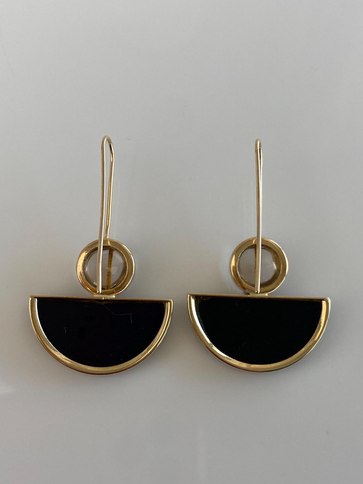 Vintage Solid 14k Yellow Gold Rutile Quartz Matte Textured Onyx Drop Earrings