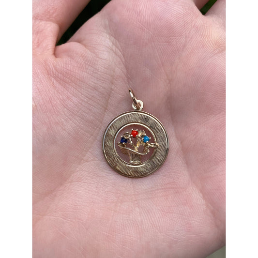 Vintage Solid 14k Yellow Gold Colored Stone Flower Bouquet Charm