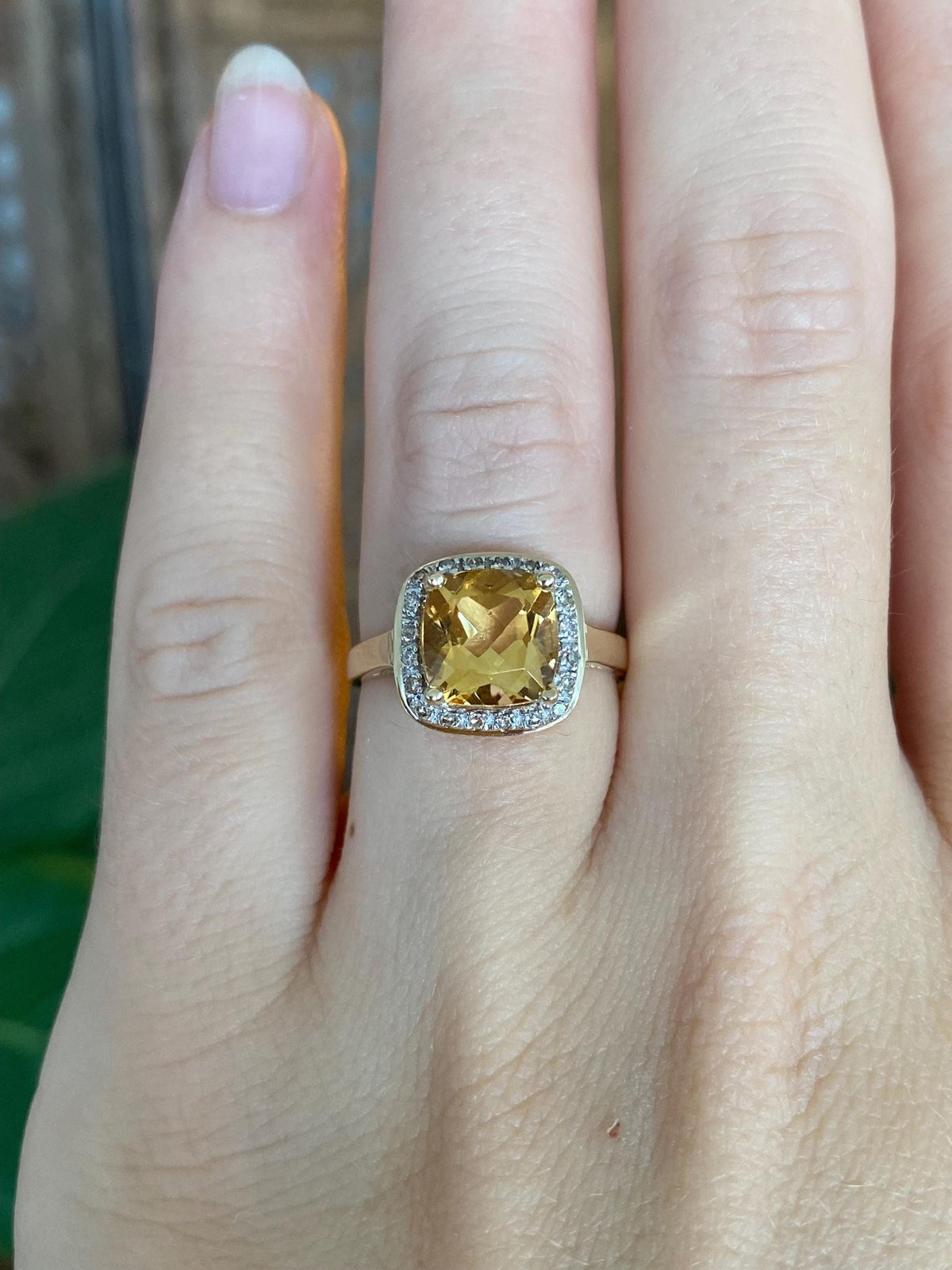 Vintage Solid 14k Yellow Gold Diamond Halo Citrine Ring - Size 6