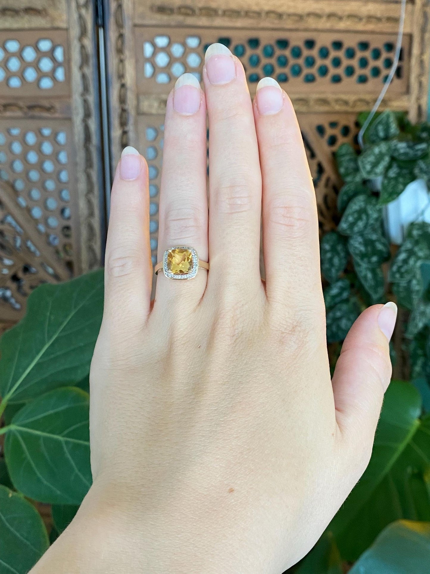 Vintage Solid 14k Yellow Gold Diamond Halo Citrine Ring - Size 6