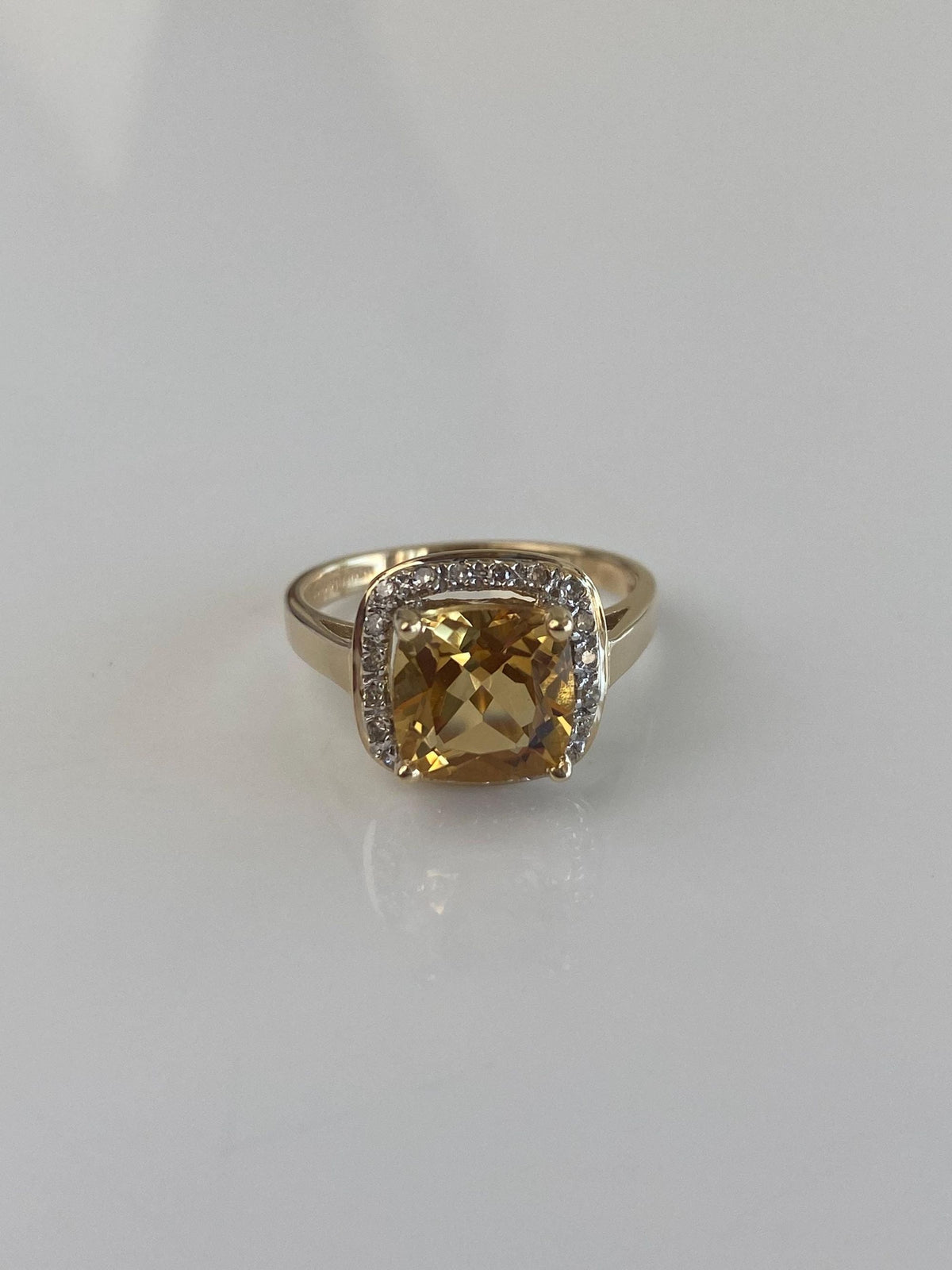 Vintage Solid 14k Yellow Gold Diamond Halo Citrine Ring - Size 6