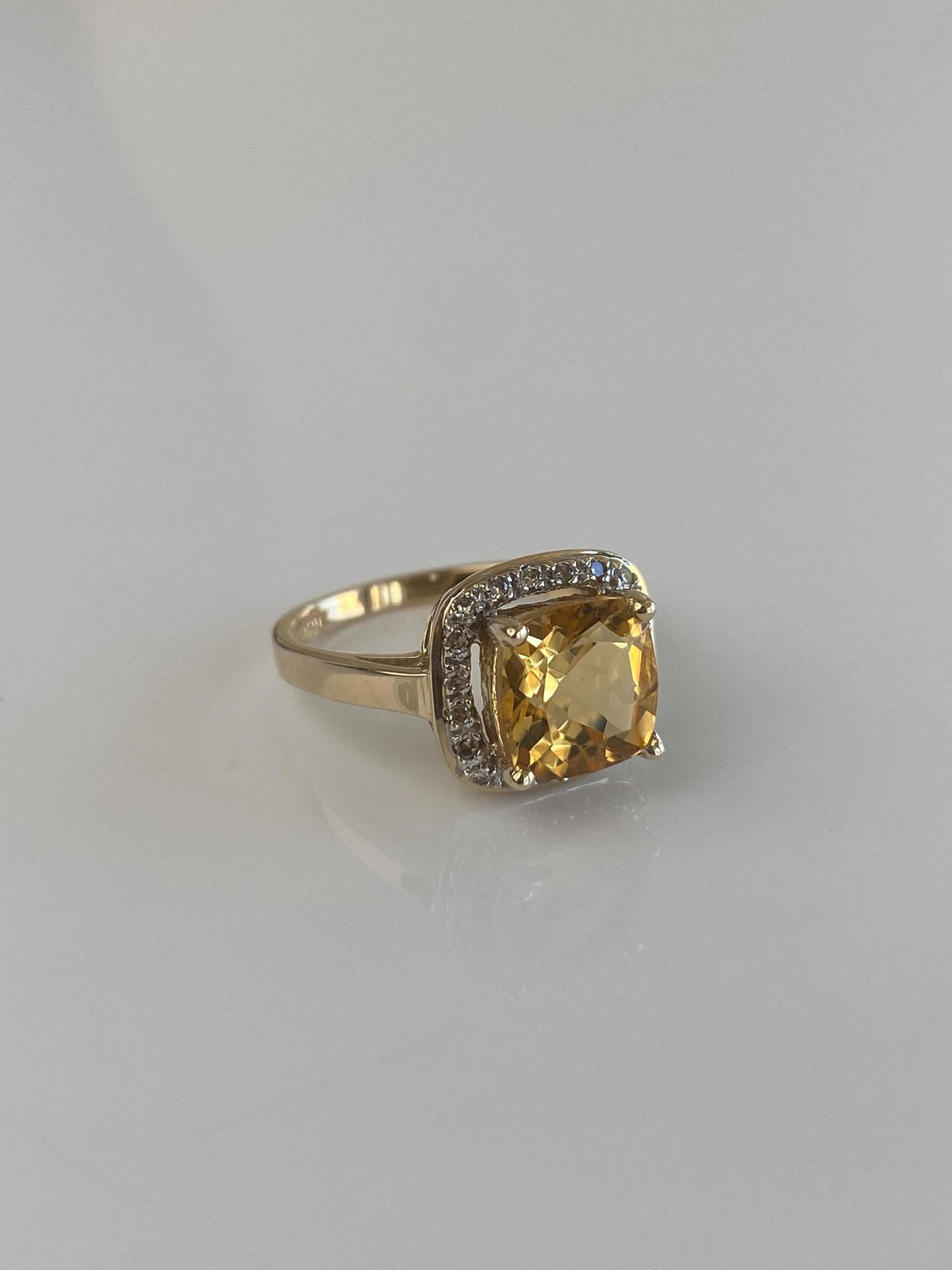 Vintage Solid 14k Yellow Gold Diamond Halo Citrine Ring - Size 6