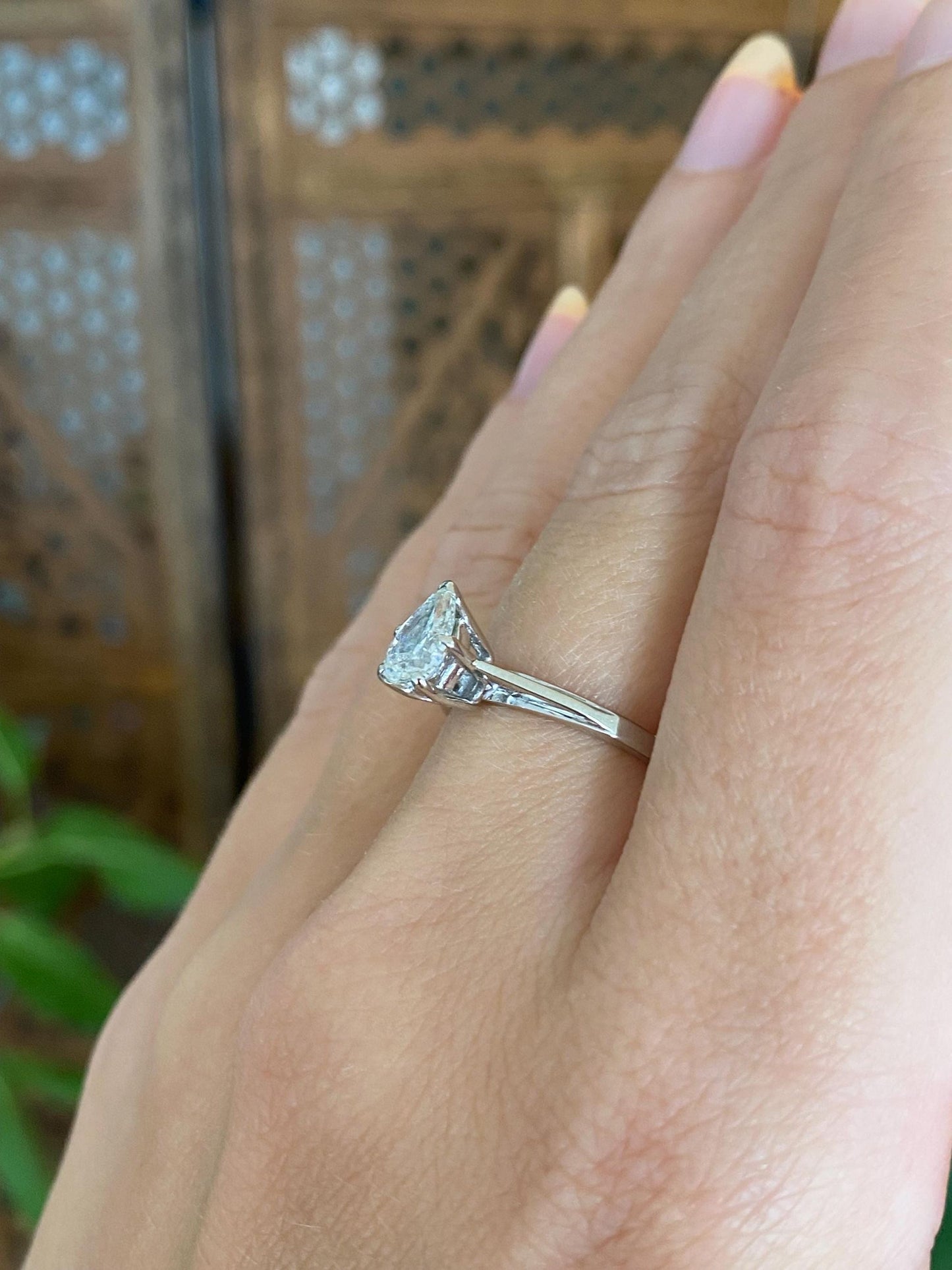 Vintage Solid 14k White Gold Teardrop Diamond Solitaire Ring - Size 6.25