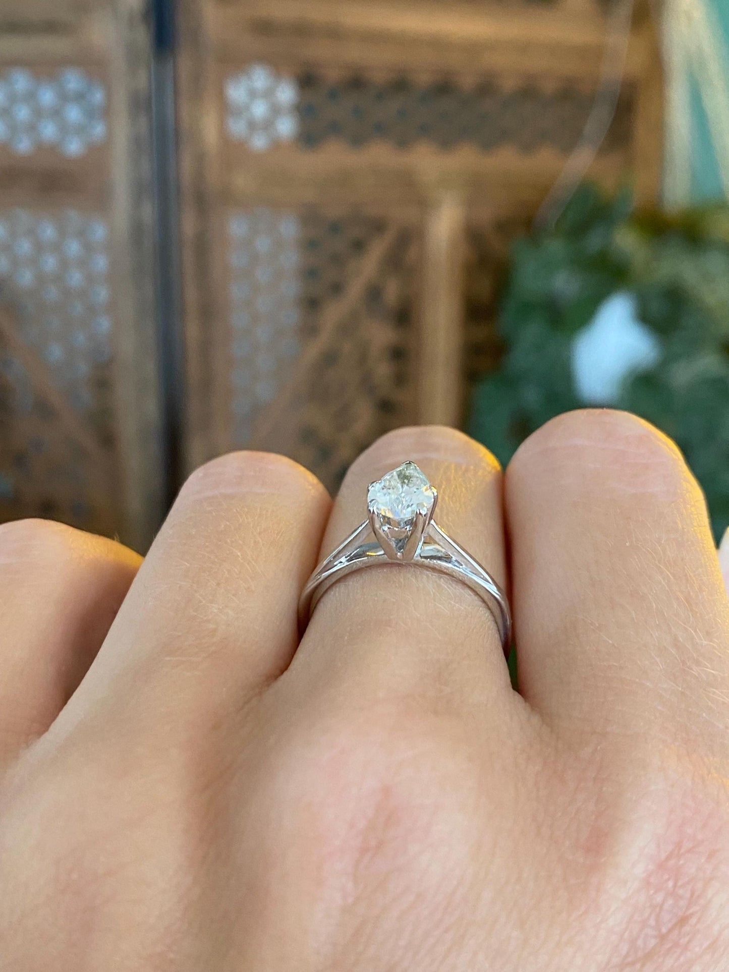Vintage Solid 14k White Gold Teardrop Diamond Solitaire Ring - Size 6.25
