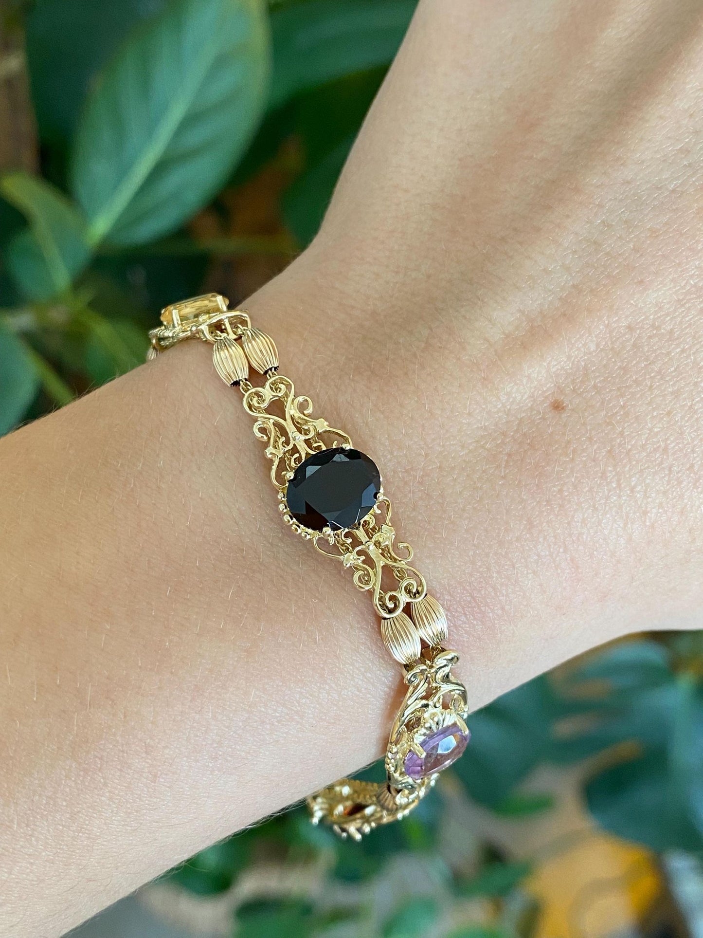Vintage Solid 10k Yellow Gold Garnet Amethyst Citrine Topaz Ornate Link Bracelet - 7.5 inches