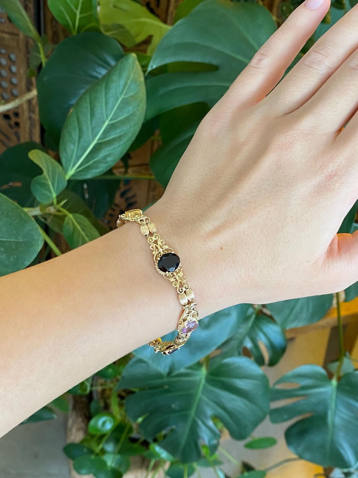 Vintage Solid 10k Yellow Gold Garnet Amethyst Citrine Topaz Ornate Link Bracelet - 7.5 inches
