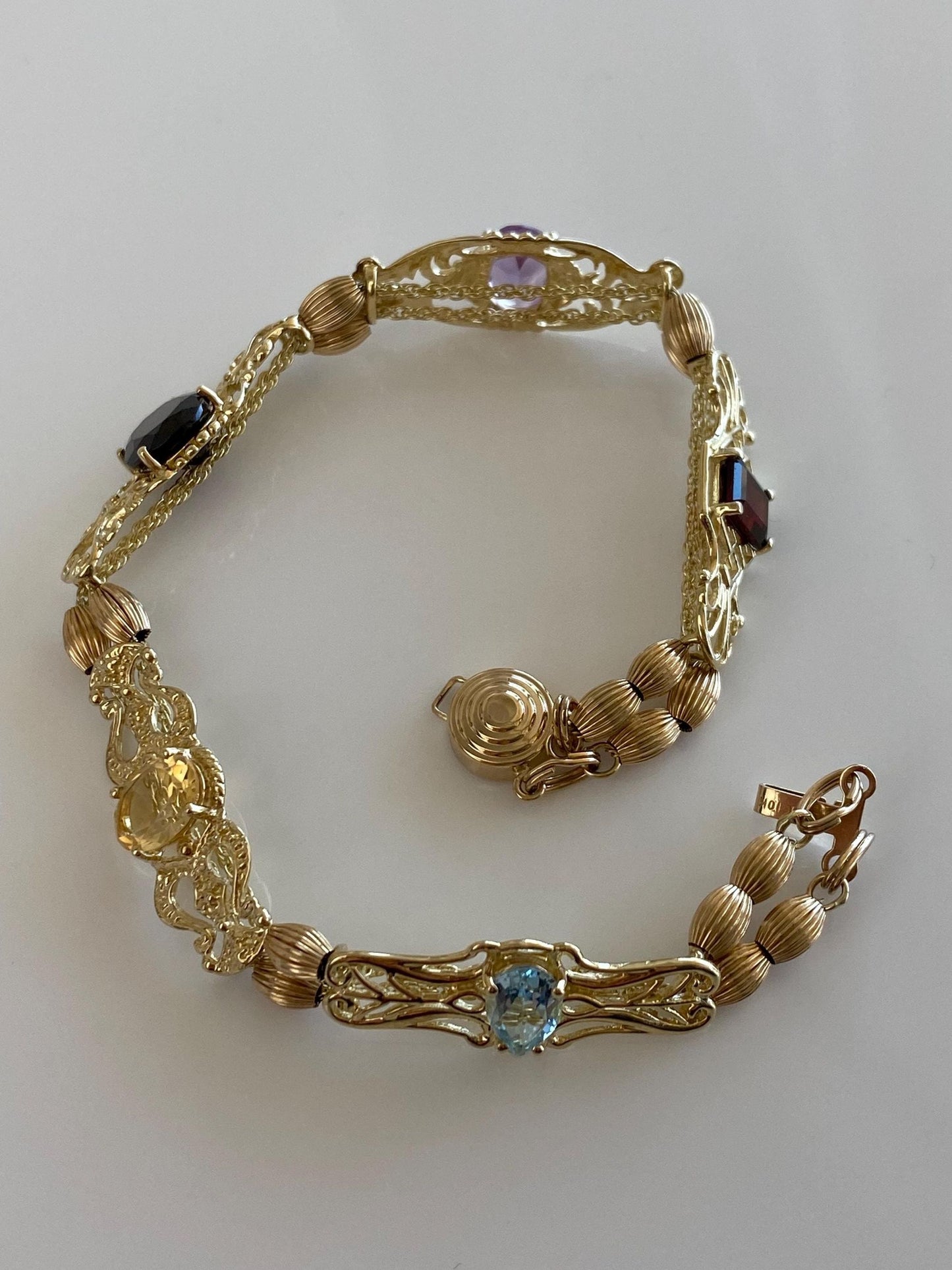 Vintage Solid 10k Yellow Gold Garnet Amethyst Citrine Topaz Ornate Link Bracelet - 7.5 inches