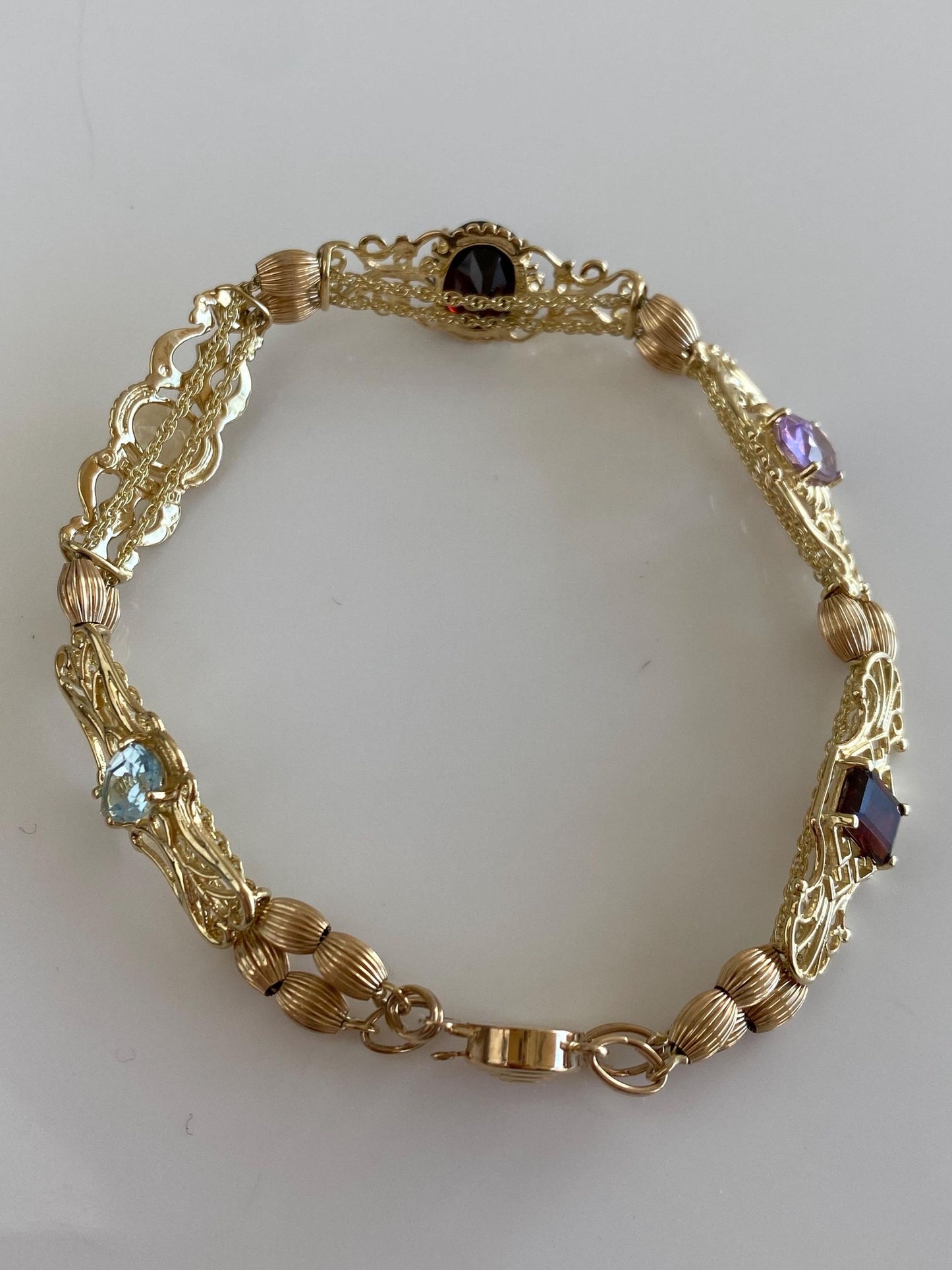 Vintage Solid 10k Yellow Gold Garnet Amethyst Citrine Topaz Ornate Link Bracelet - 7.5 inches