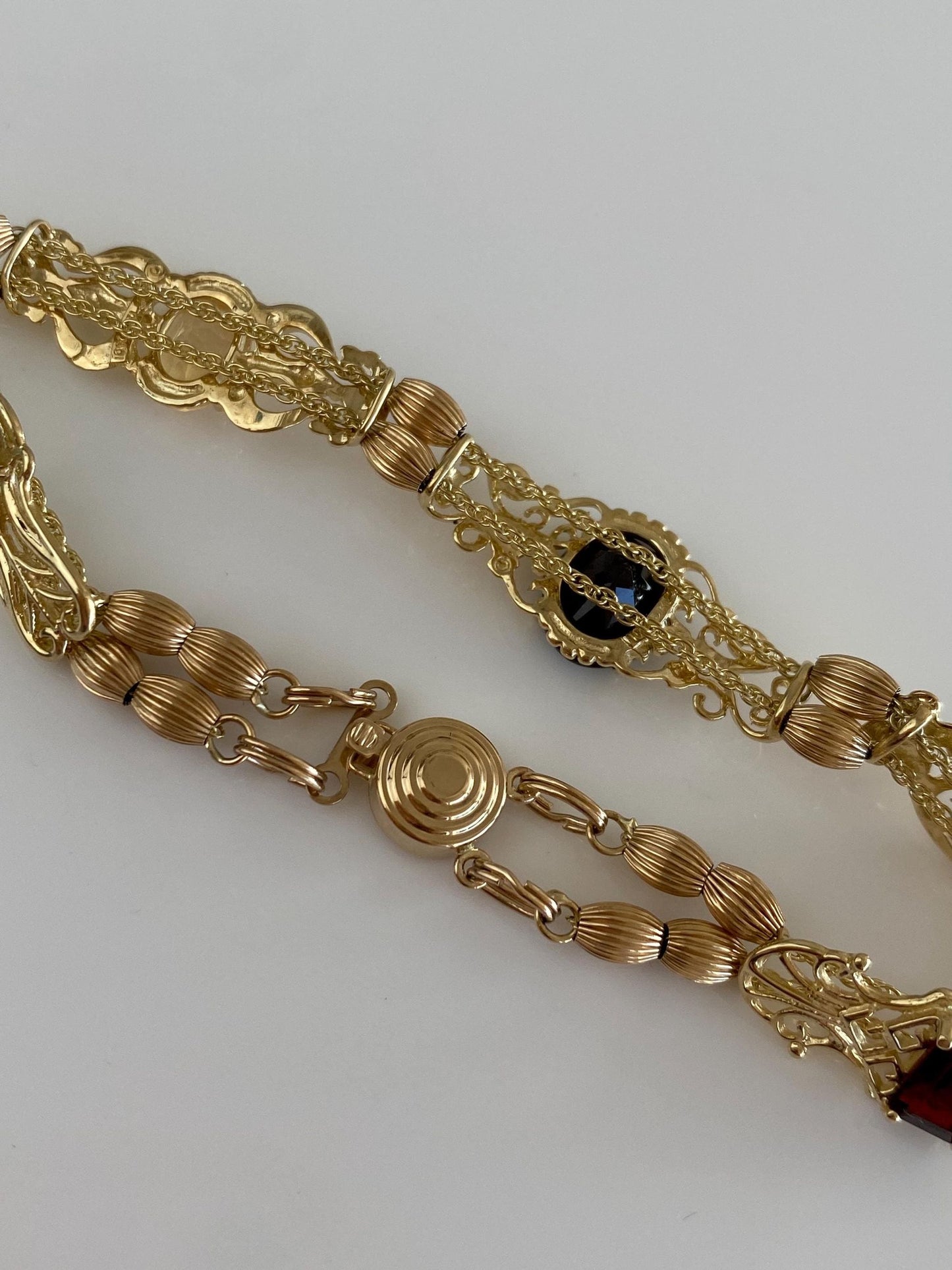 Vintage Solid 10k Yellow Gold Garnet Amethyst Citrine Topaz Ornate Link Bracelet - 7.5 inches
