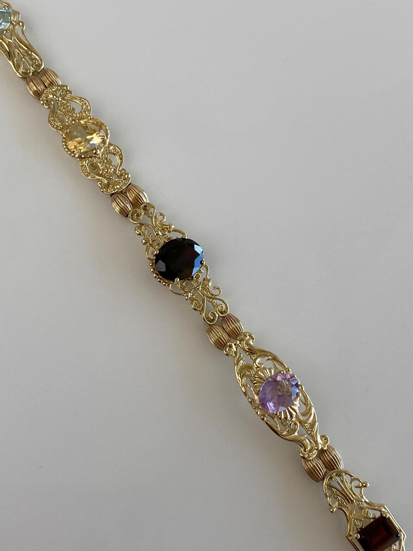 Vintage Solid 10k Yellow Gold Garnet Amethyst Citrine Topaz Ornate Link Bracelet - 7.5 inches