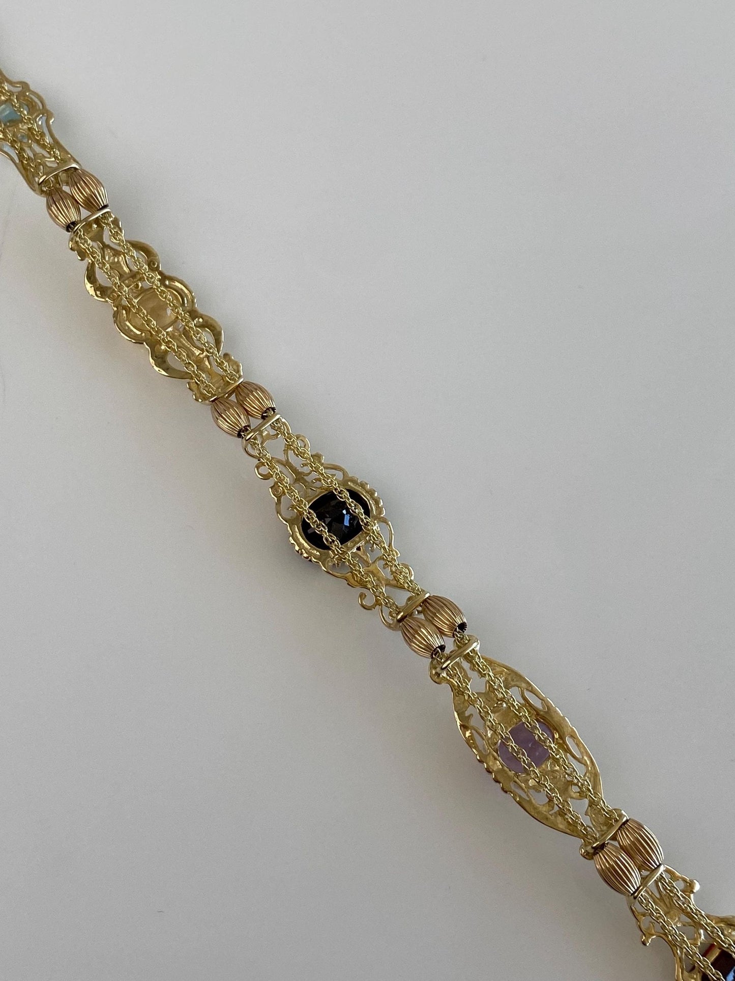 Vintage Solid 10k Yellow Gold Garnet Amethyst Citrine Topaz Ornate Link Bracelet - 7.5 inches