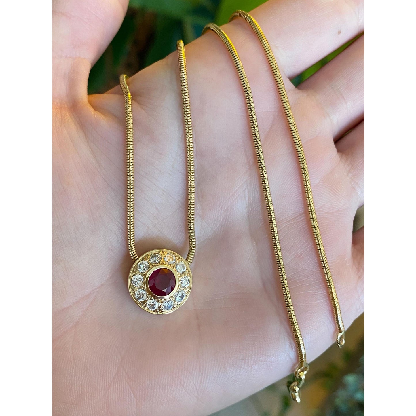 Vintage Solid 14k Yellow Gold Ruby Clear Cubic Zirconia Halo Snake Chain Necklace - 16.25 inches