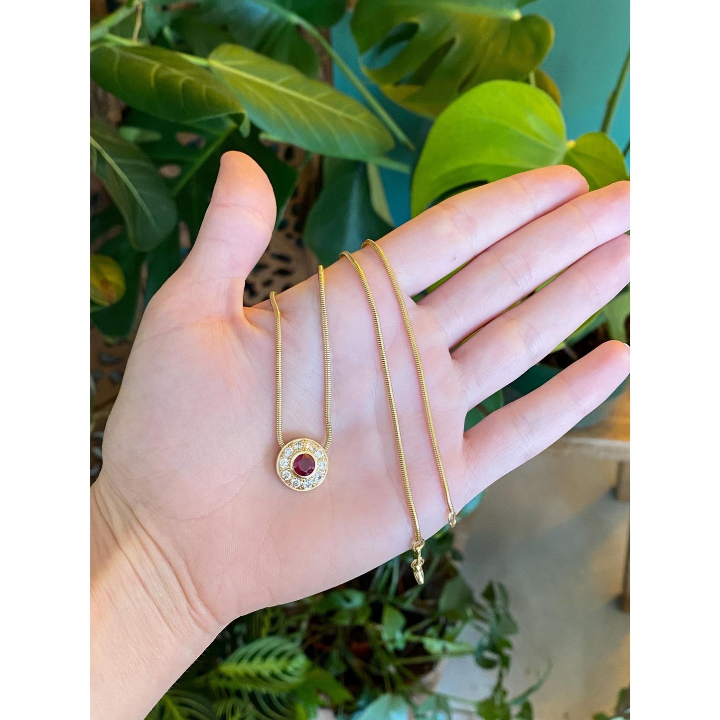 Vintage Solid 14k Yellow Gold Ruby Clear Cubic Zirconia Halo Snake Chain Necklace - 16.25 inches