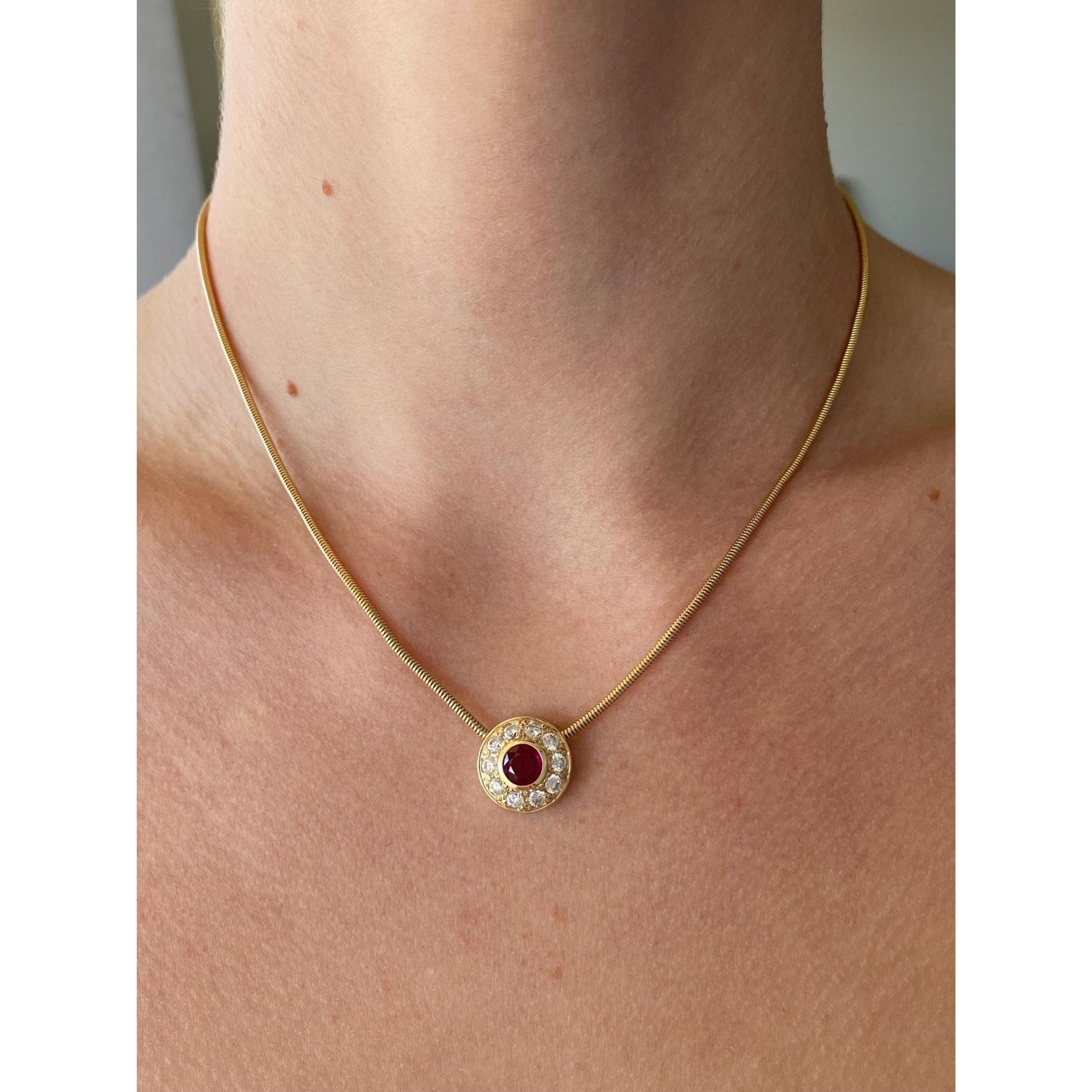 Vintage Solid 14k Yellow Gold Ruby Clear Cubic Zirconia Halo Snake Chain Necklace - 16.25 inches