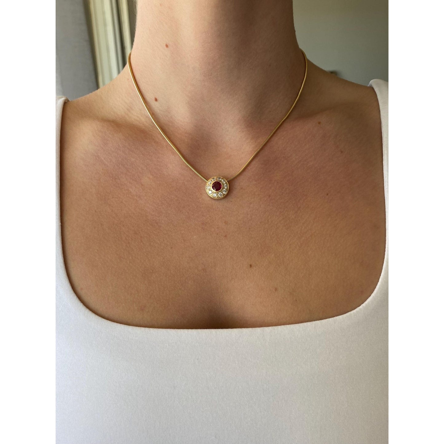 Vintage Solid 14k Yellow Gold Ruby Clear Cubic Zirconia Halo Snake Chain Necklace - 16.25 inches