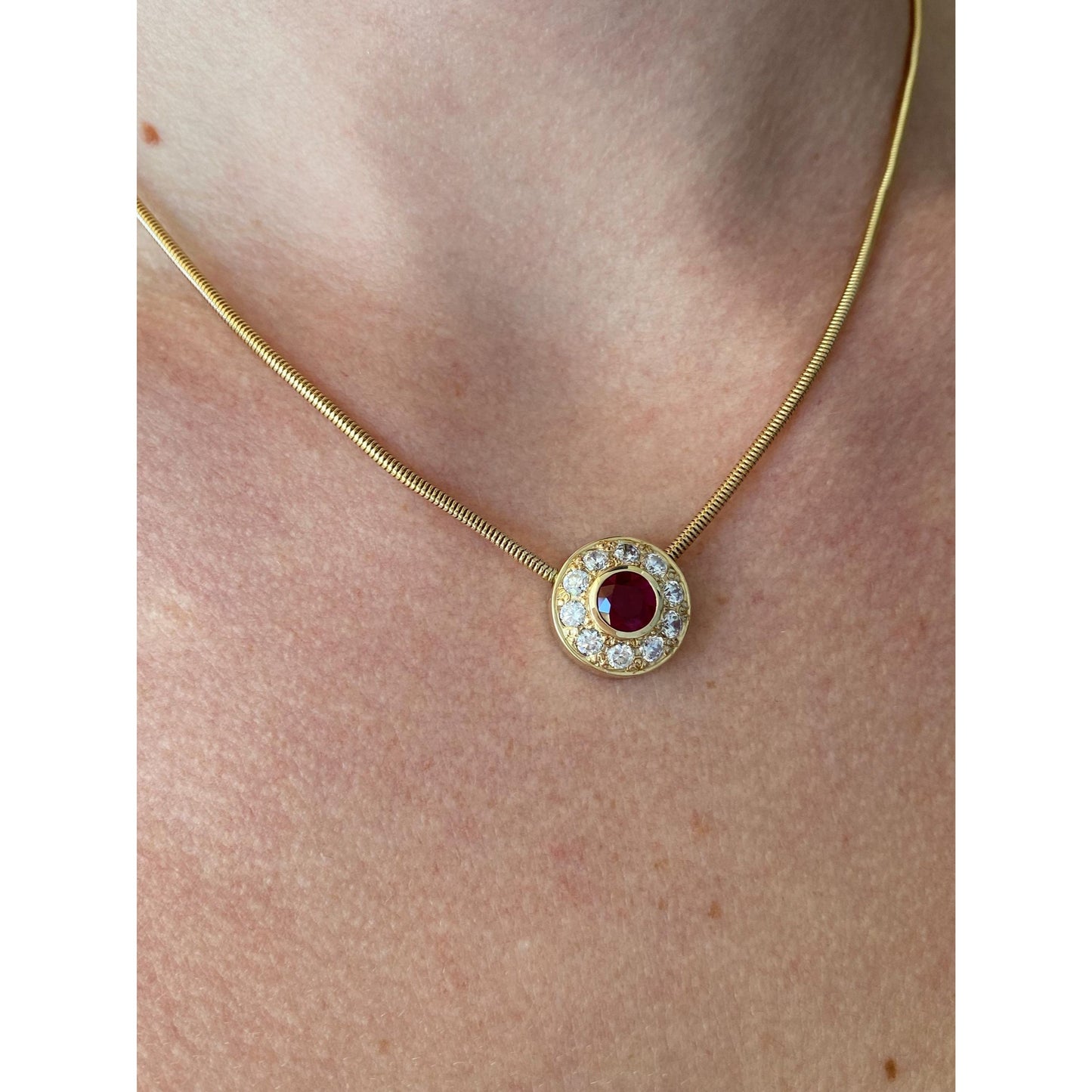 Vintage Solid 14k Yellow Gold Ruby Clear Cubic Zirconia Halo Snake Chain Necklace - 16.25 inches