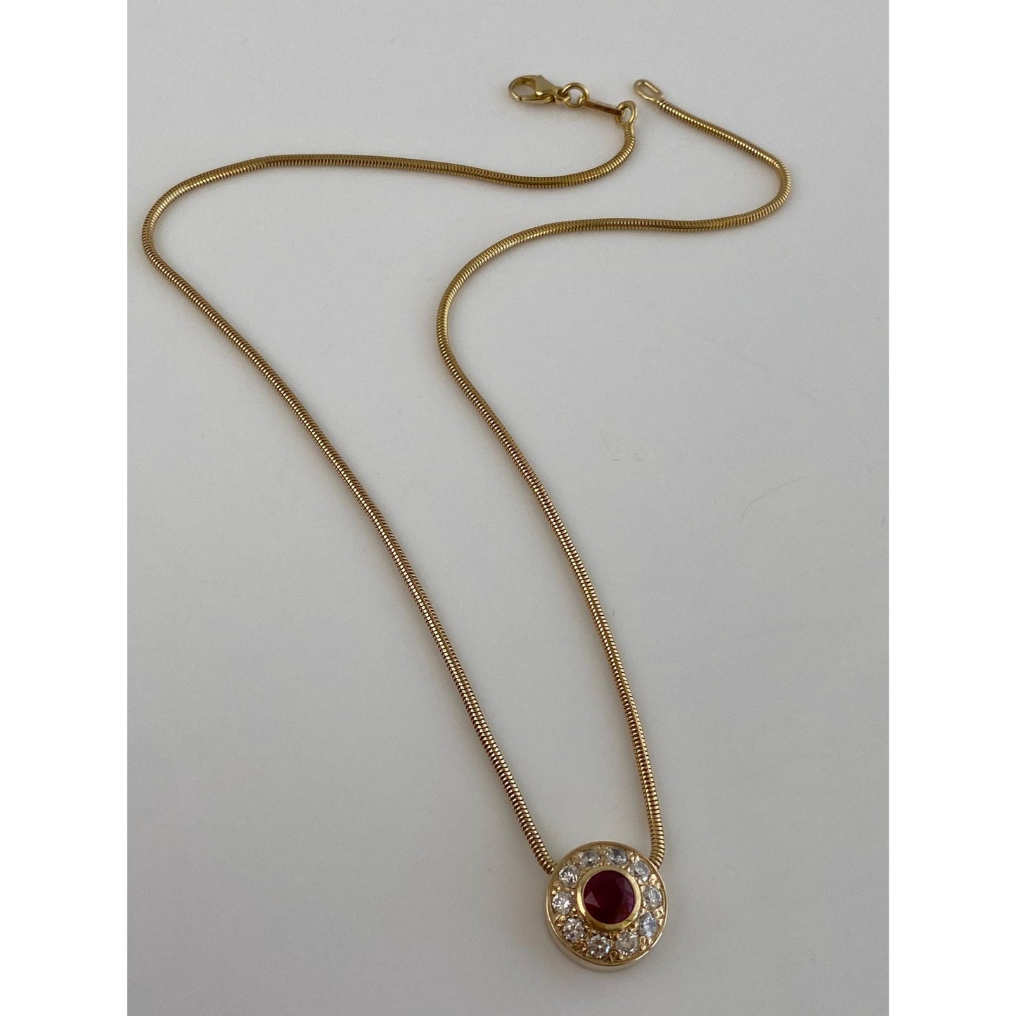 Vintage Solid 14k Yellow Gold Ruby Clear Cubic Zirconia Halo Snake Chain Necklace - 16.25 inches