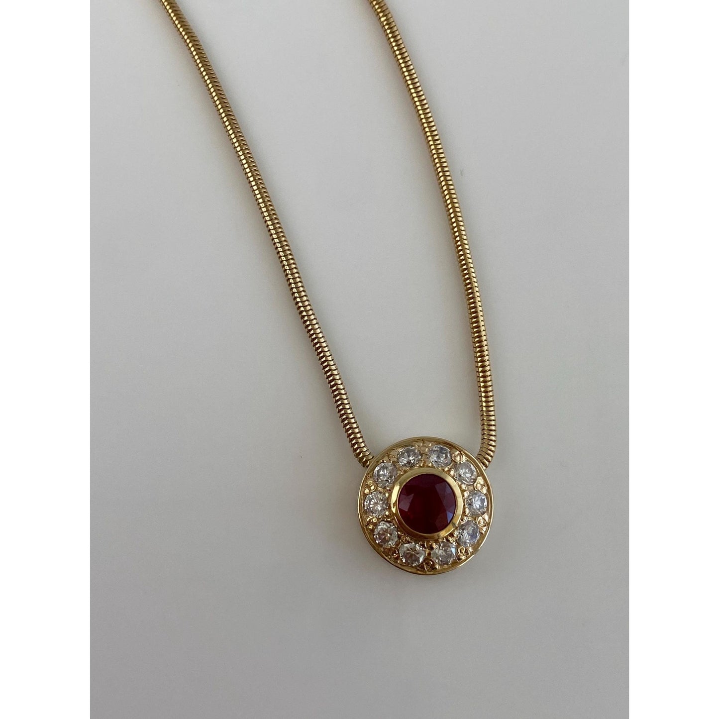 Vintage Solid 14k Yellow Gold Ruby Clear Cubic Zirconia Halo Snake Chain Necklace - 16.25 inches