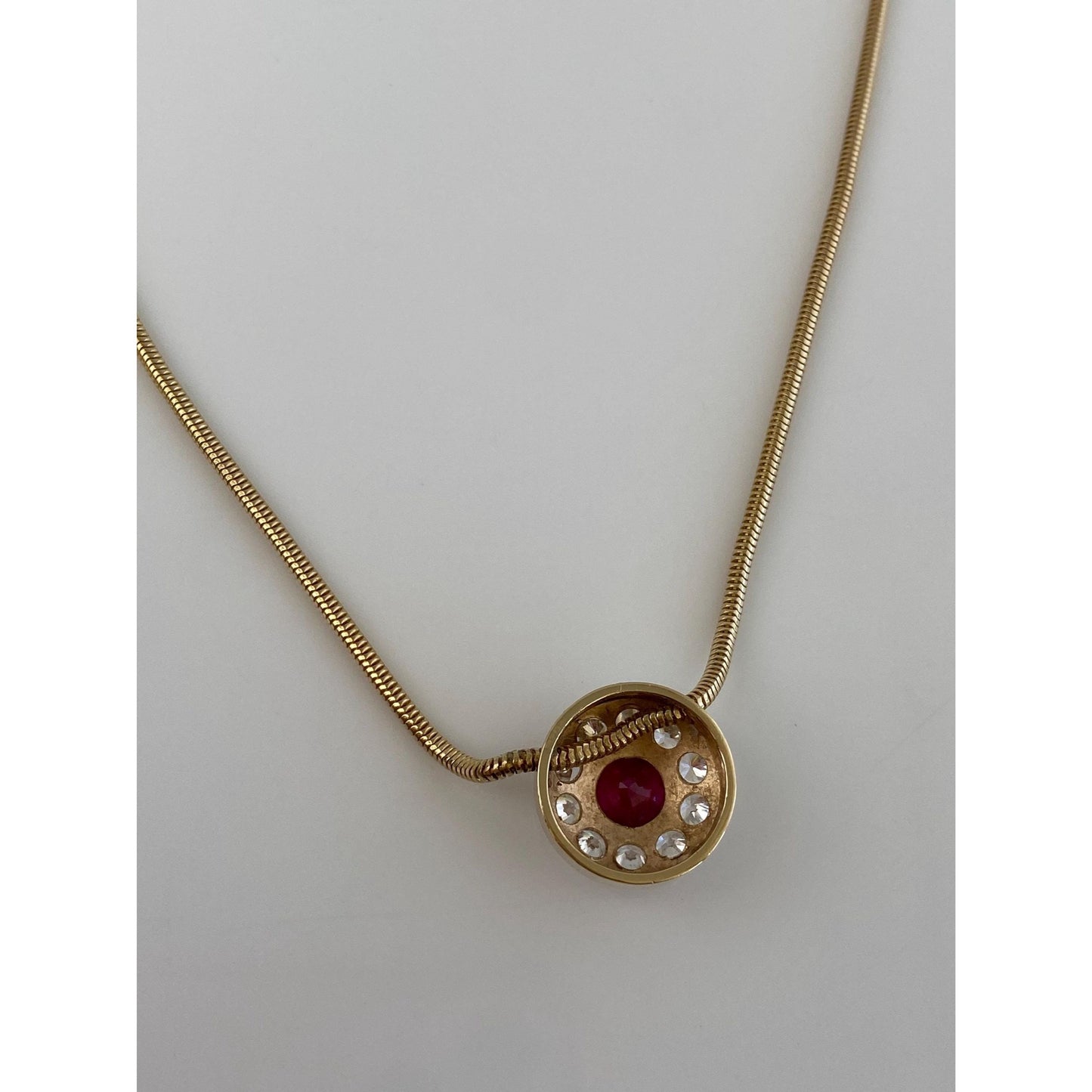Vintage Solid 14k Yellow Gold Ruby Clear Cubic Zirconia Halo Snake Chain Necklace - 16.25 inches