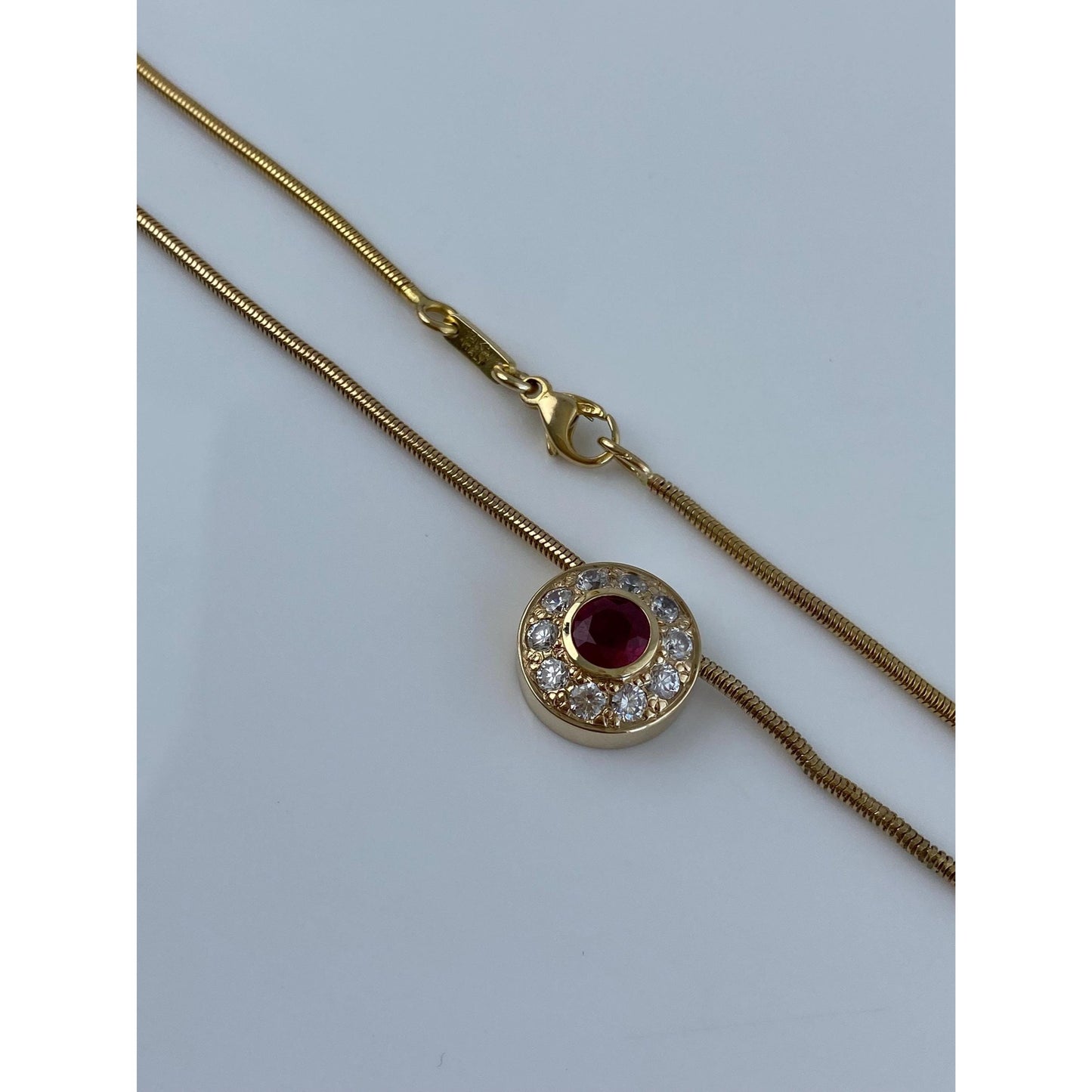 Vintage Solid 14k Yellow Gold Ruby Clear Cubic Zirconia Halo Snake Chain Necklace - 16.25 inches