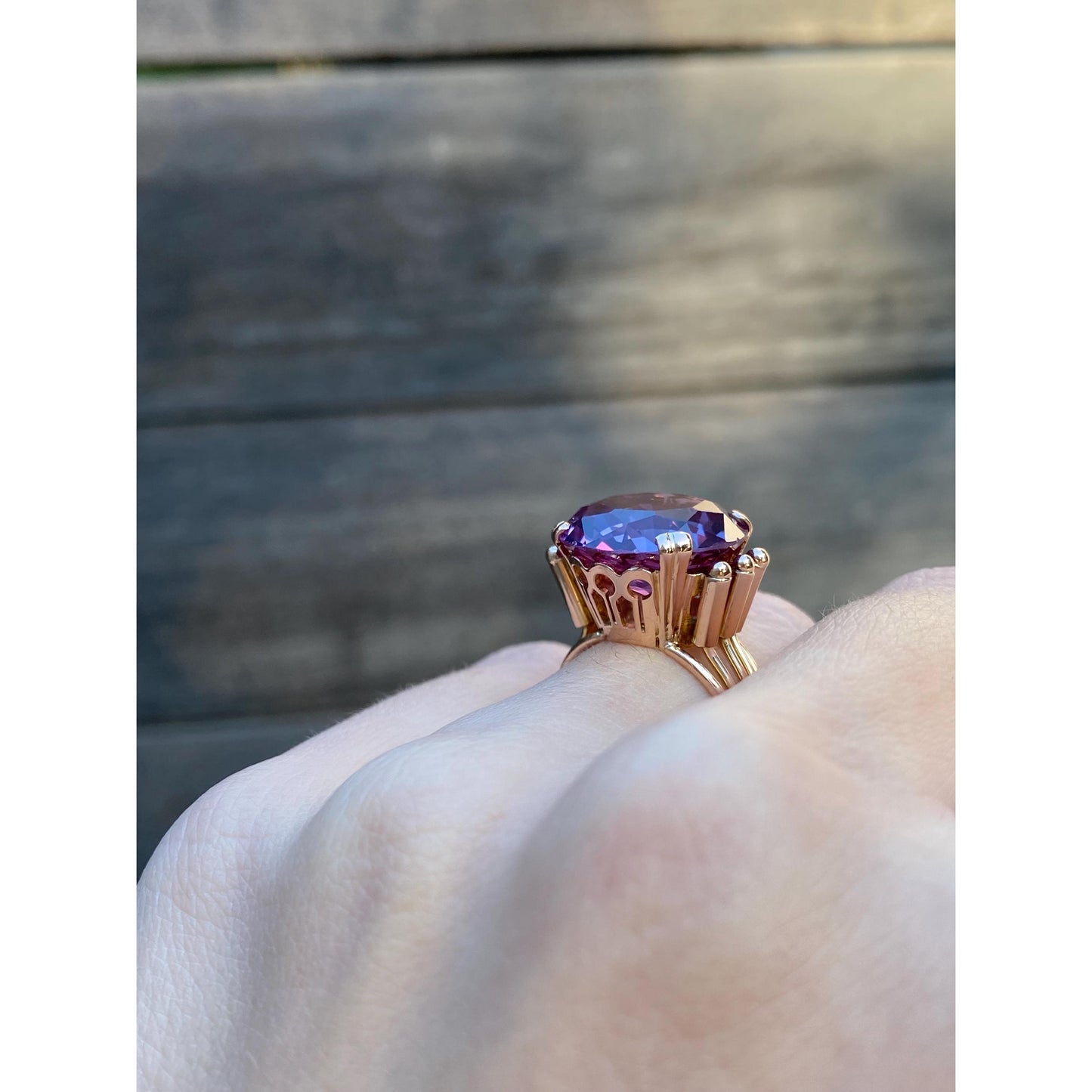 Solid 14k Rosey Gold Purple Color Changing Sapphire Ring - Size 5.5