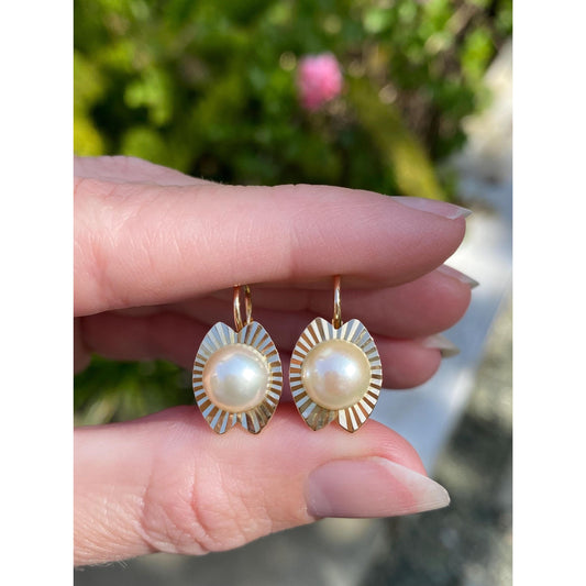 Vintage Solid 18k Yellow Gold Pearl Engine Turned Drop Earrings